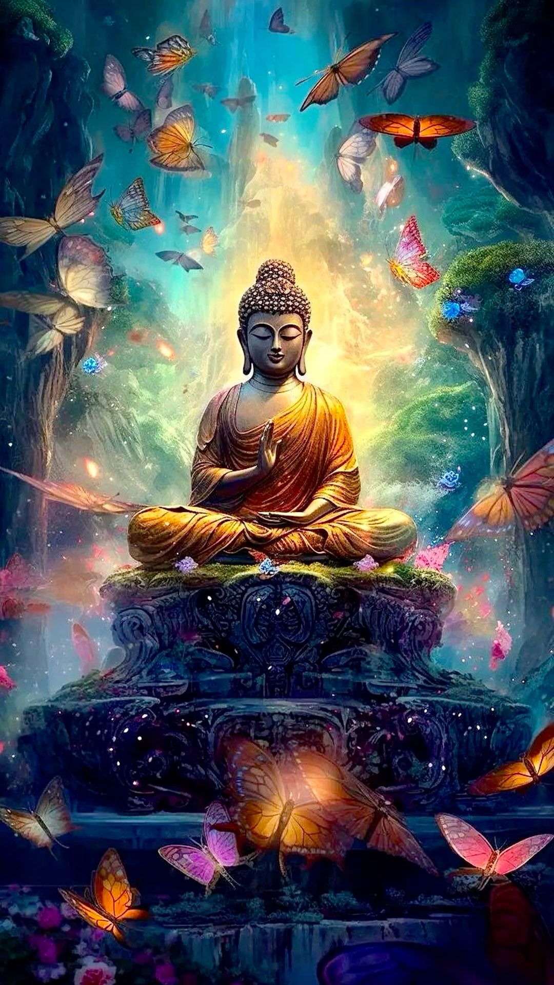 Buddha meditating amidst fluttering butterflies.