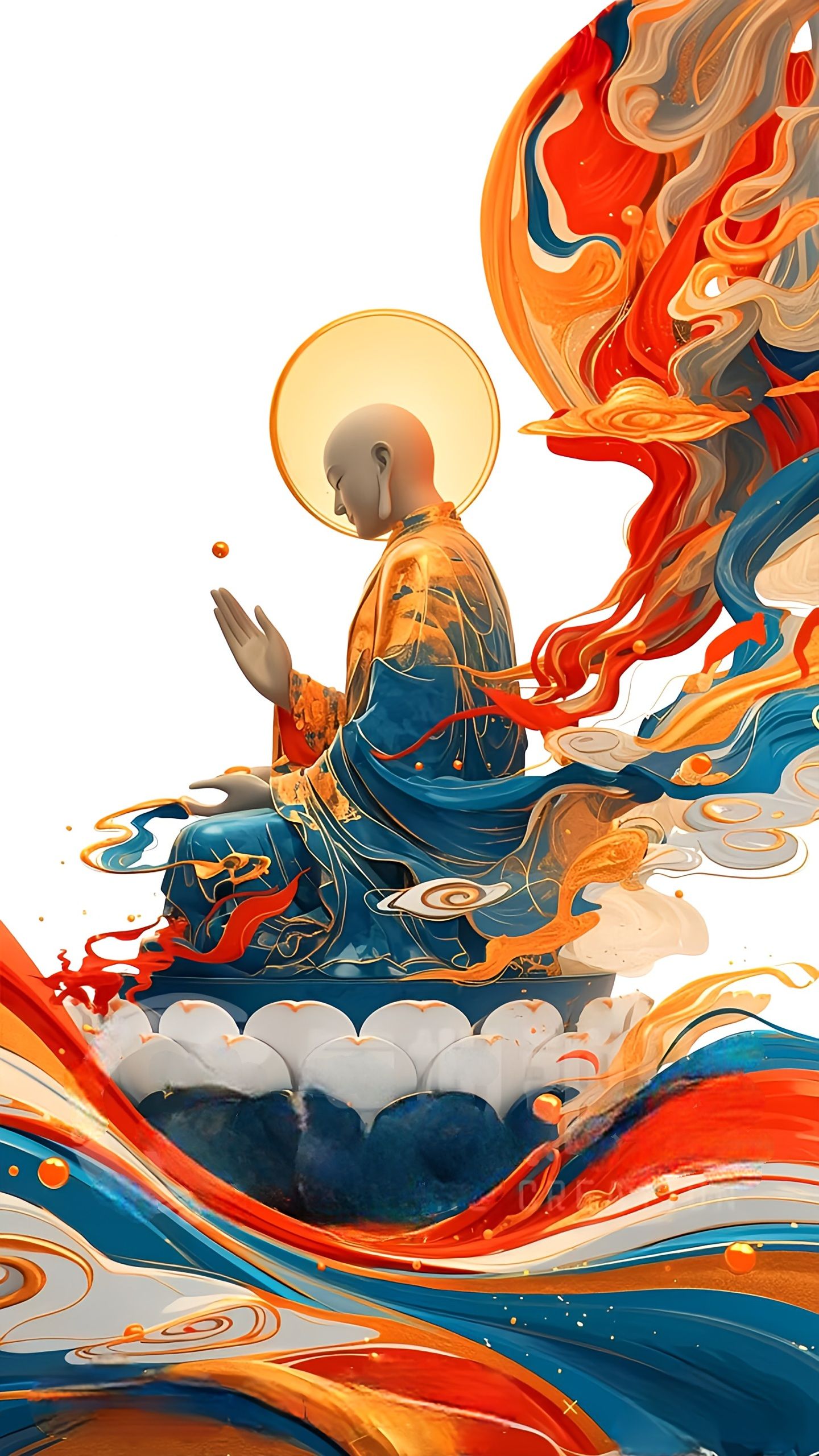 Buddha meditating amidst swirling energy.