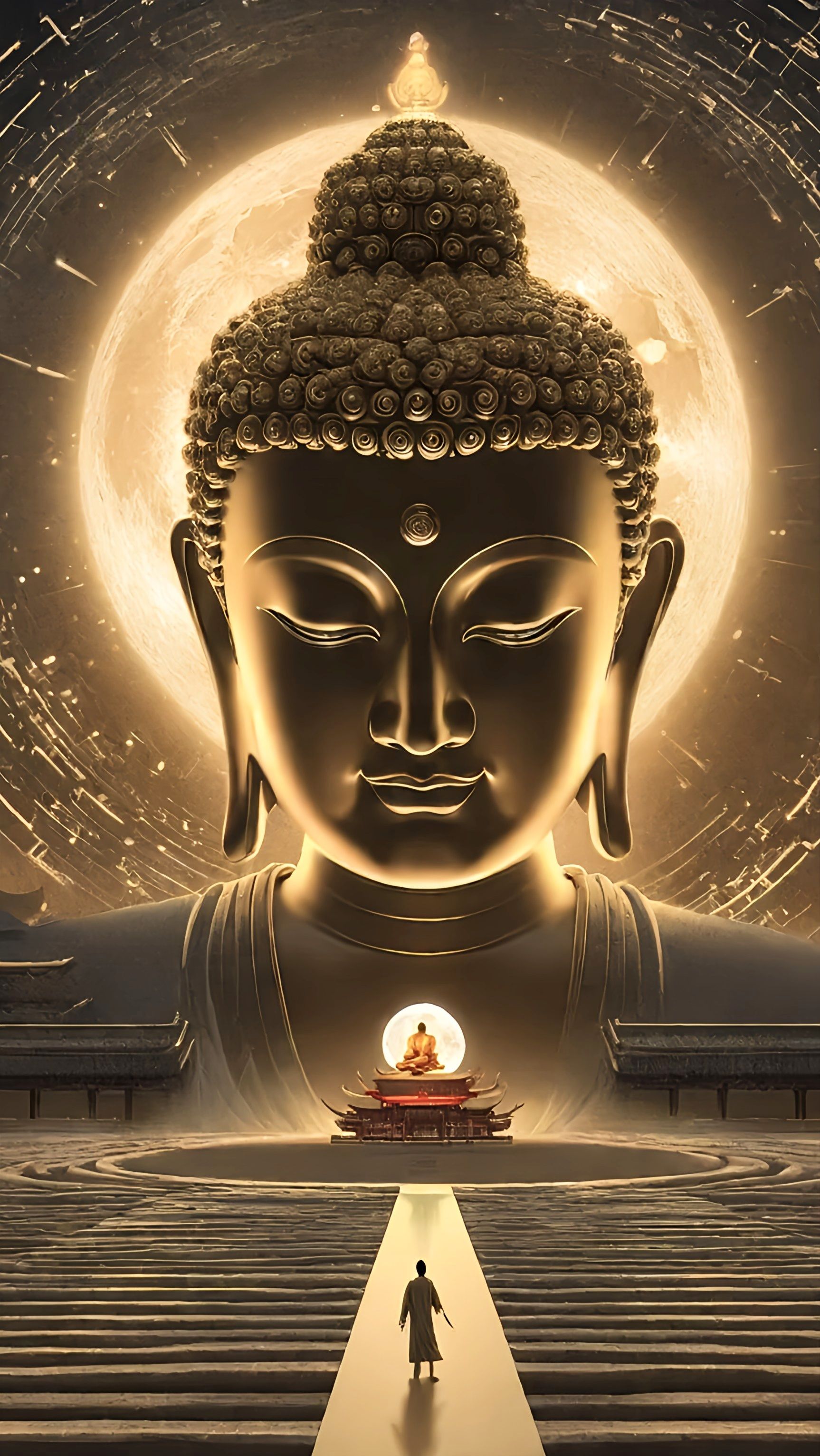 Golden Buddha serene face, cosmic background