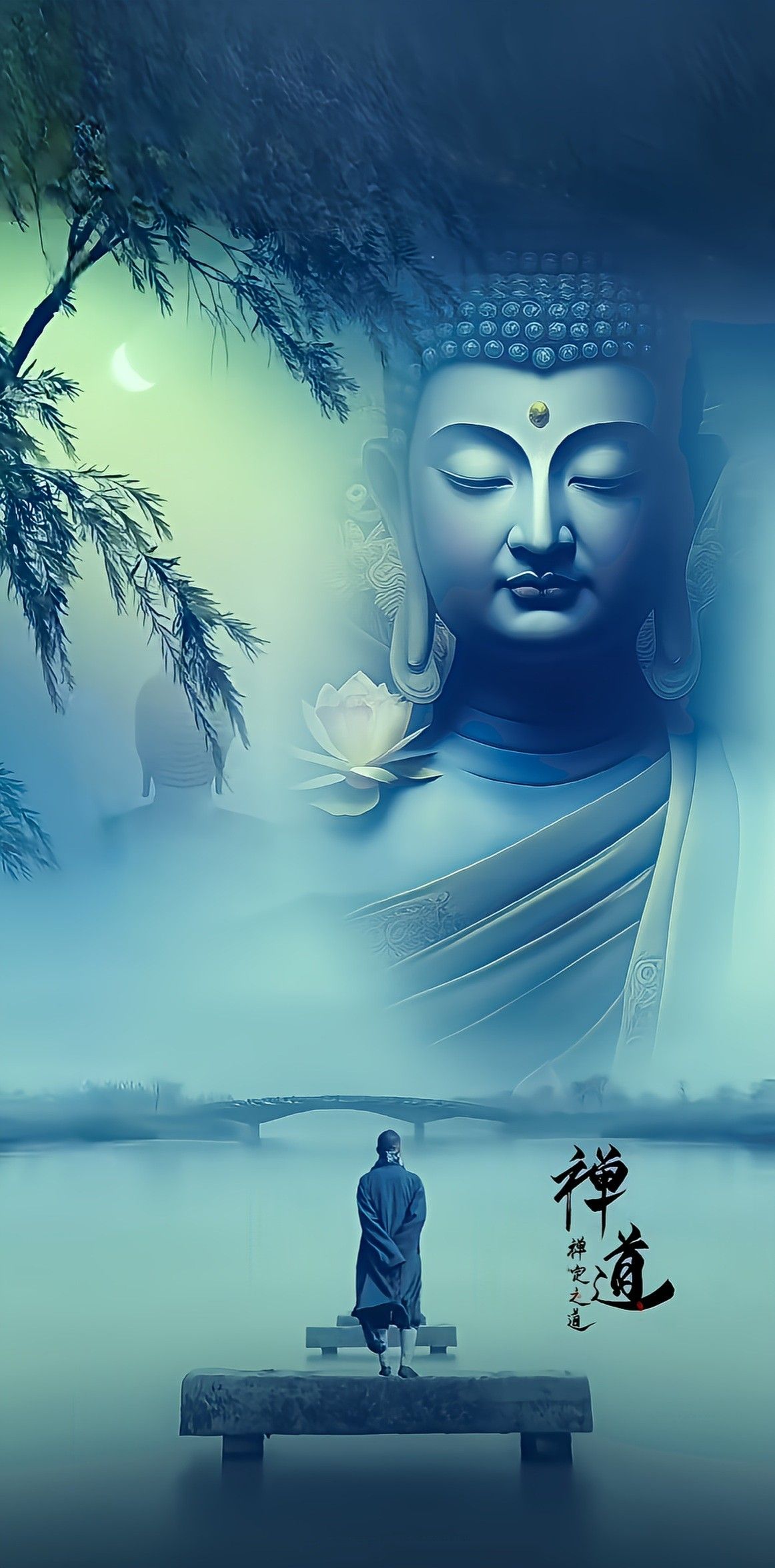 Buddha meditating under a full moon.