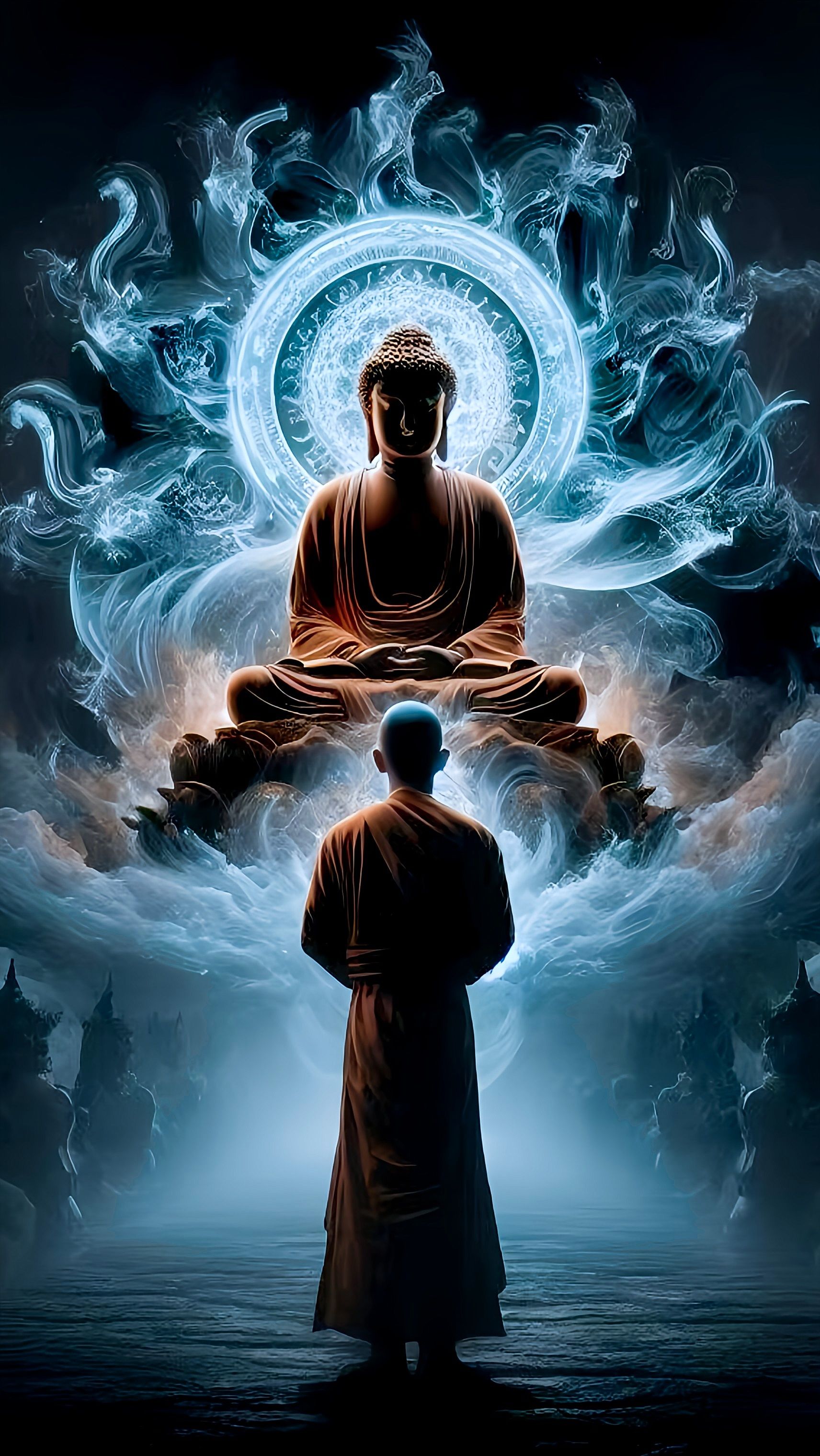 Buddha meditating, devotee praying, celestial aura