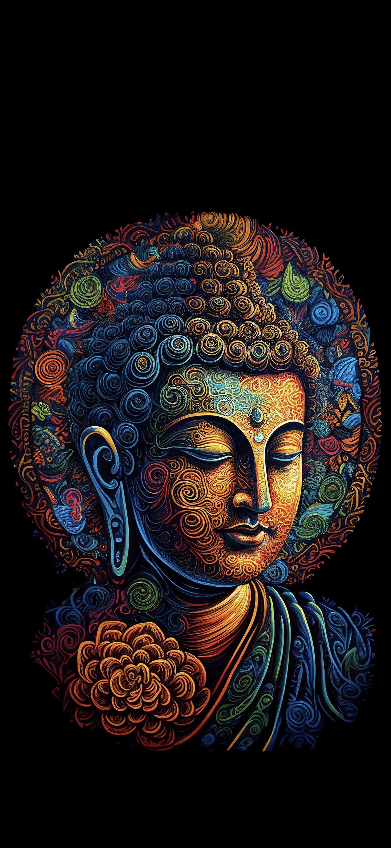 Colorful, detailed image of Buddha\'s face.