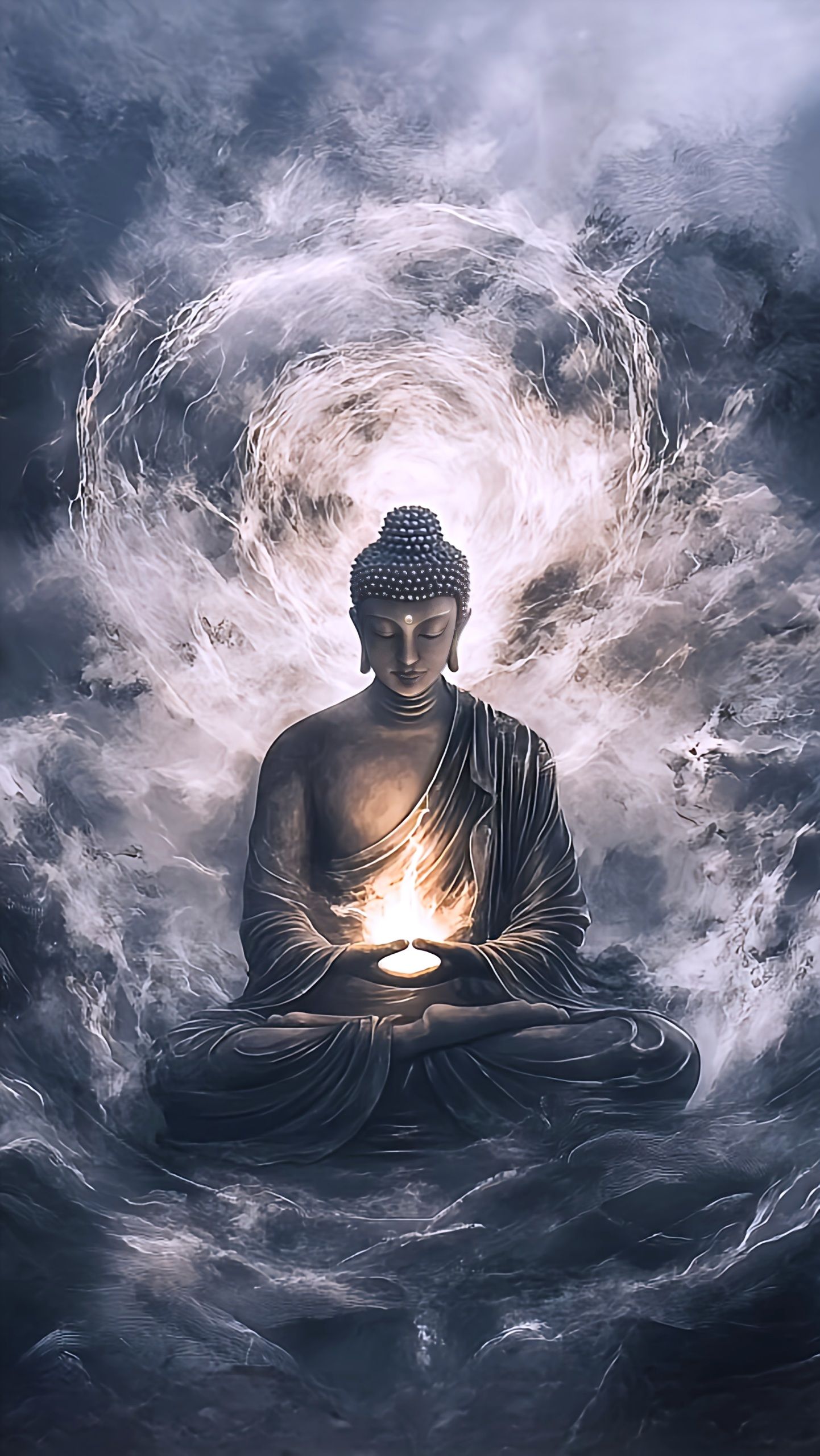 Buddha meditating in celestial light.