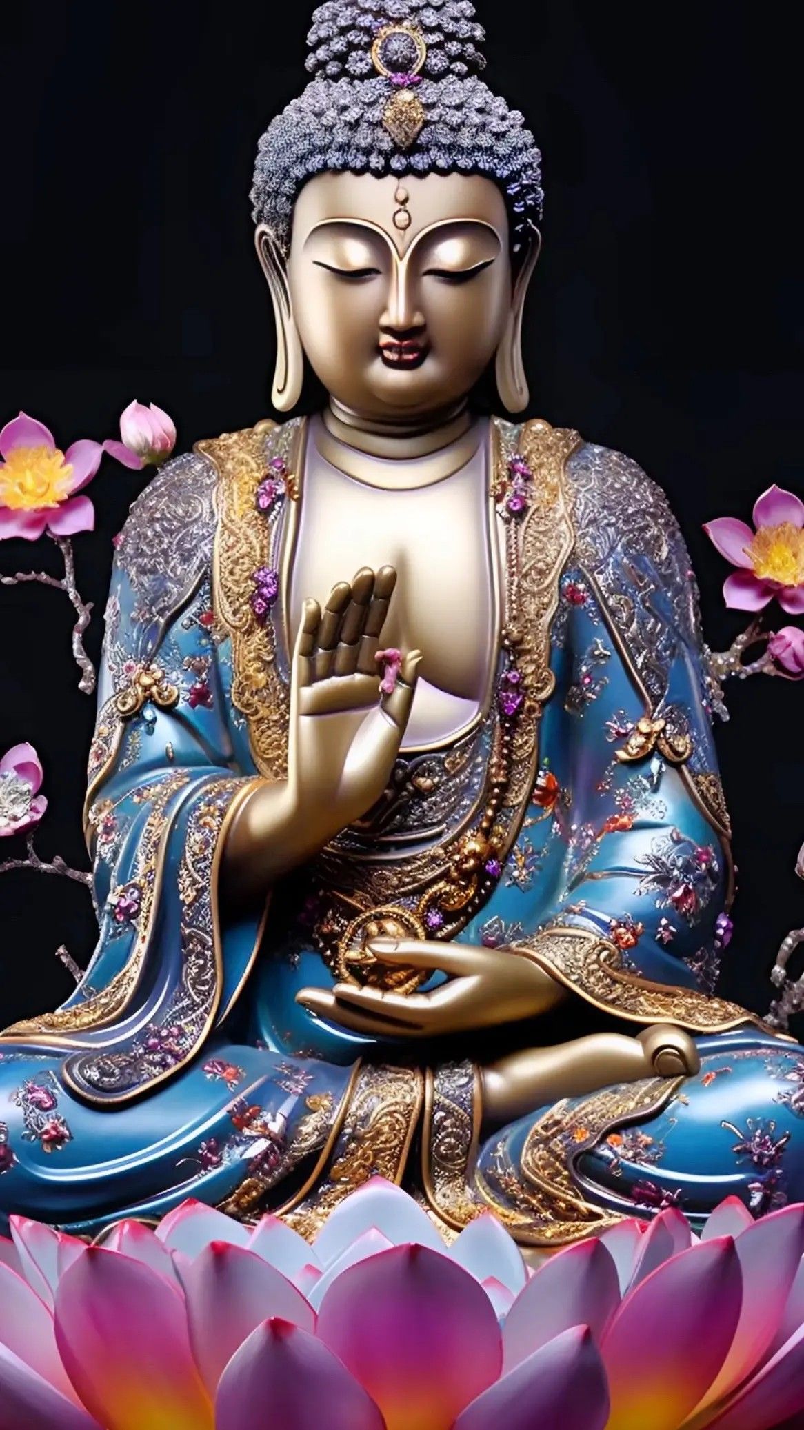 Buddha in meditative pose with lotus flowers