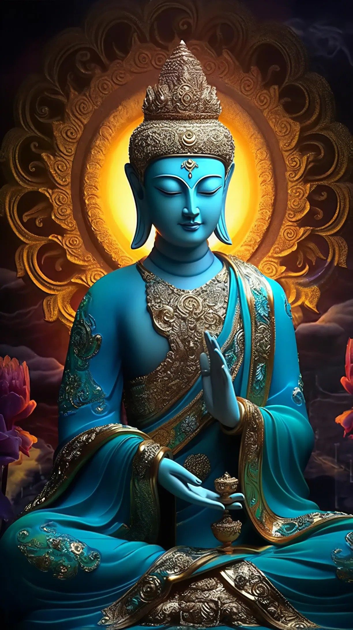 Buddha in meditative pose, golden halo