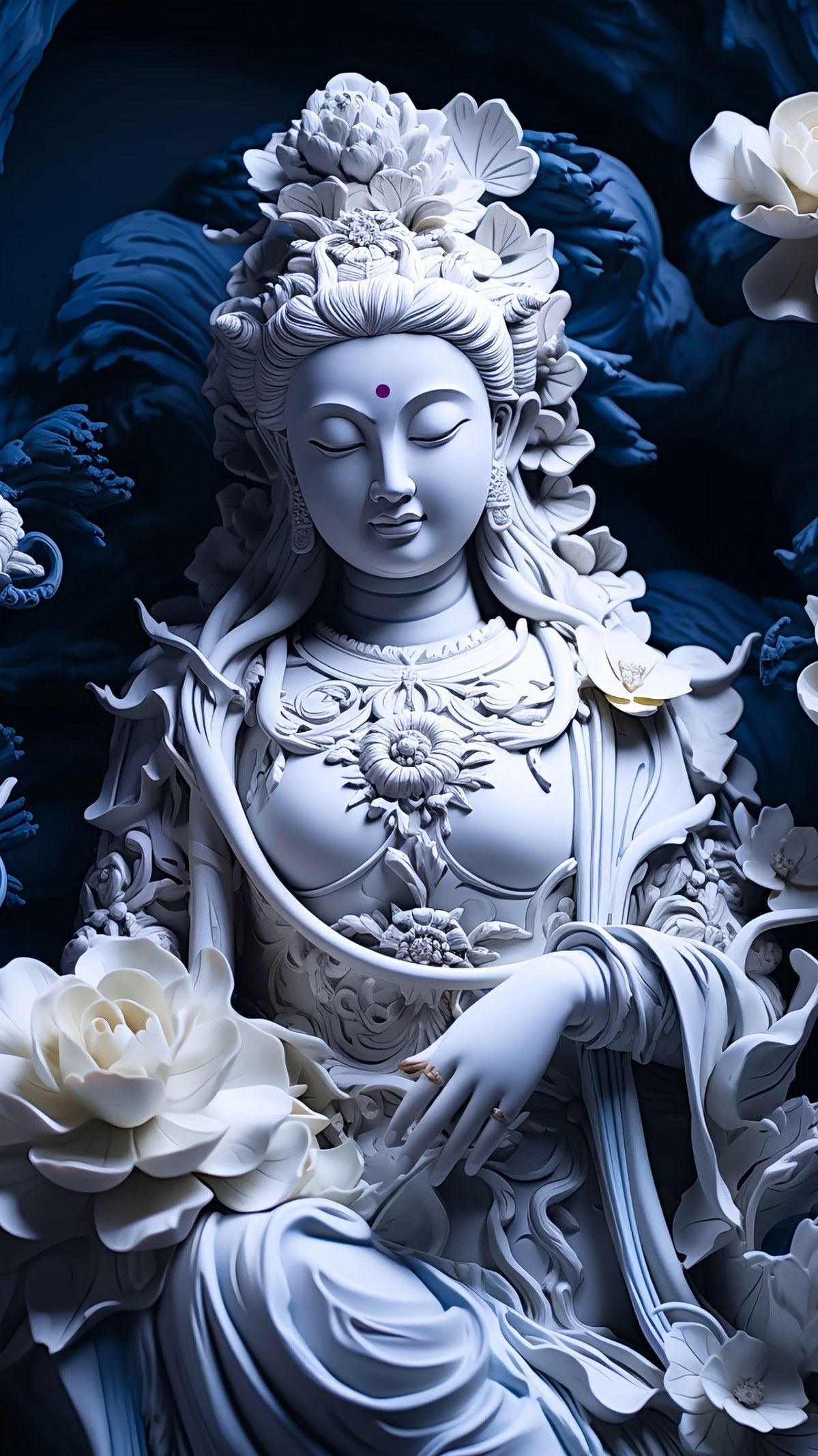 White Buddha statue with lotus flowers