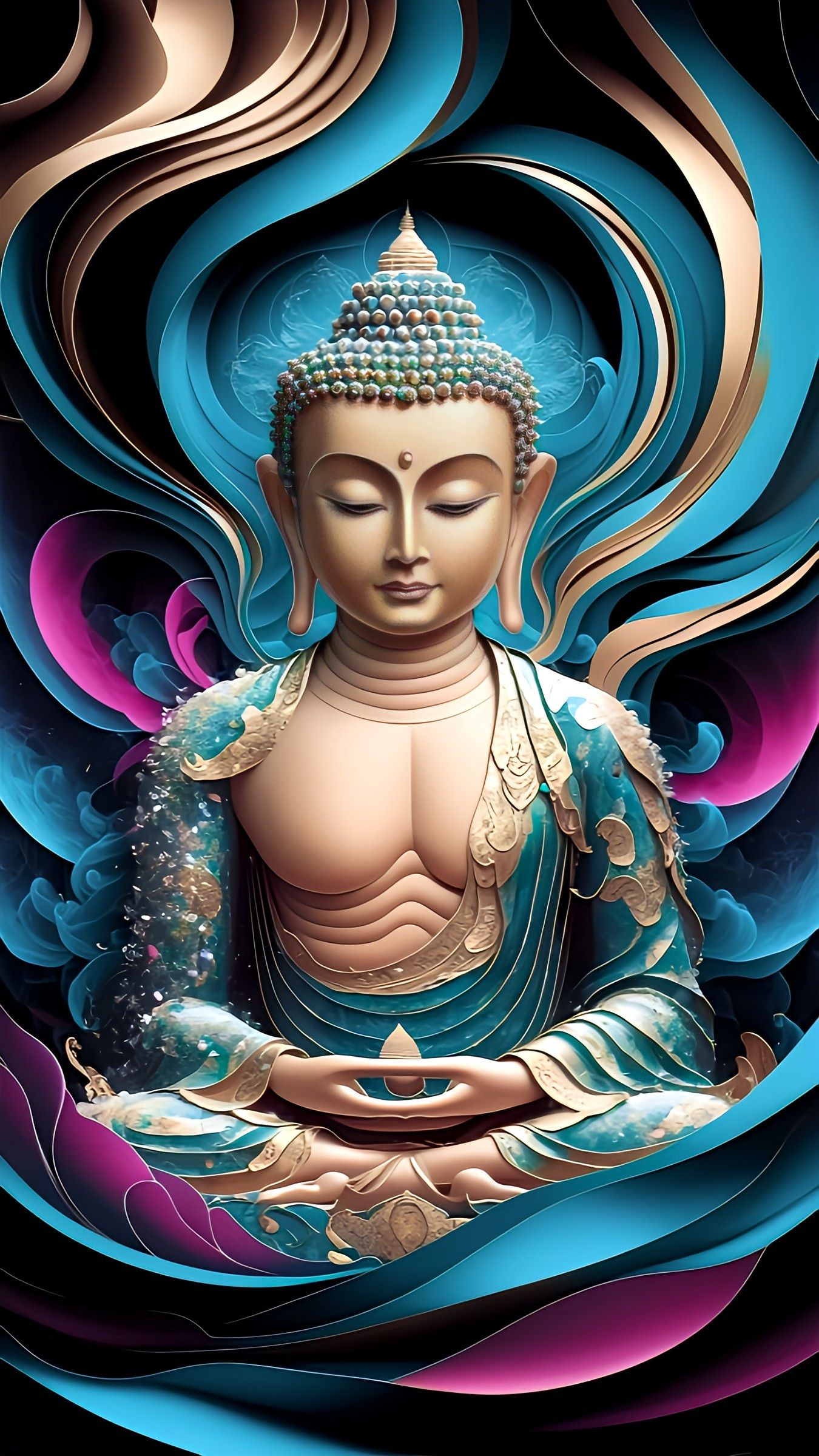 Buddha meditating in cosmic abstraction