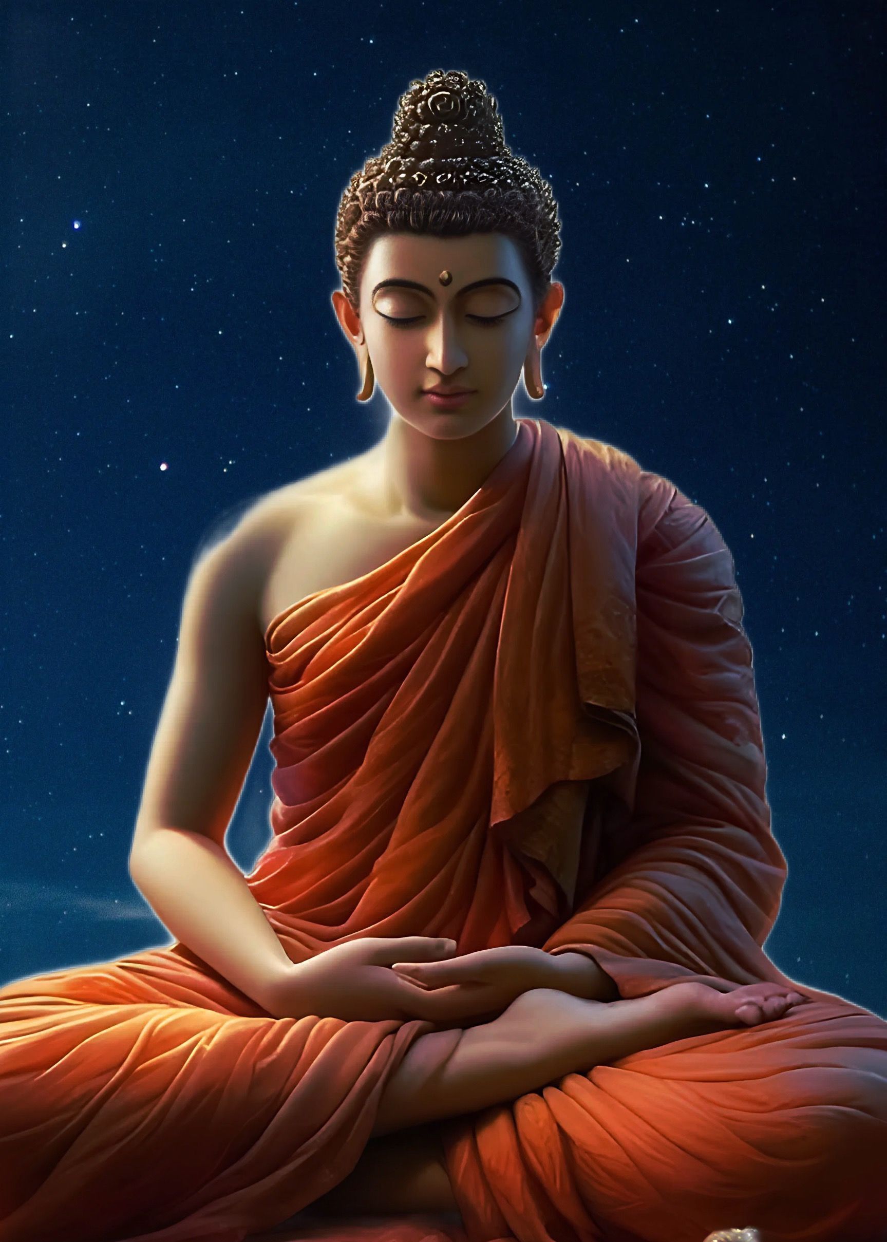 Buddha meditating under starry sky