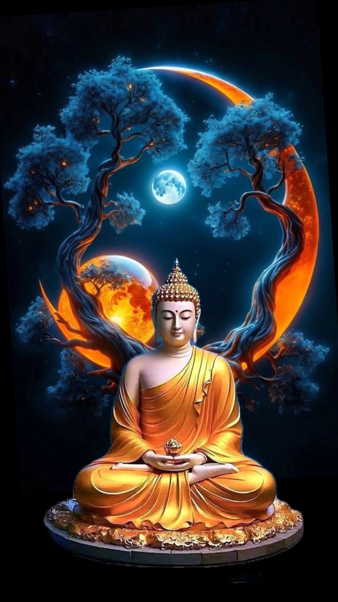 Buddha meditating beneath a luminous moon