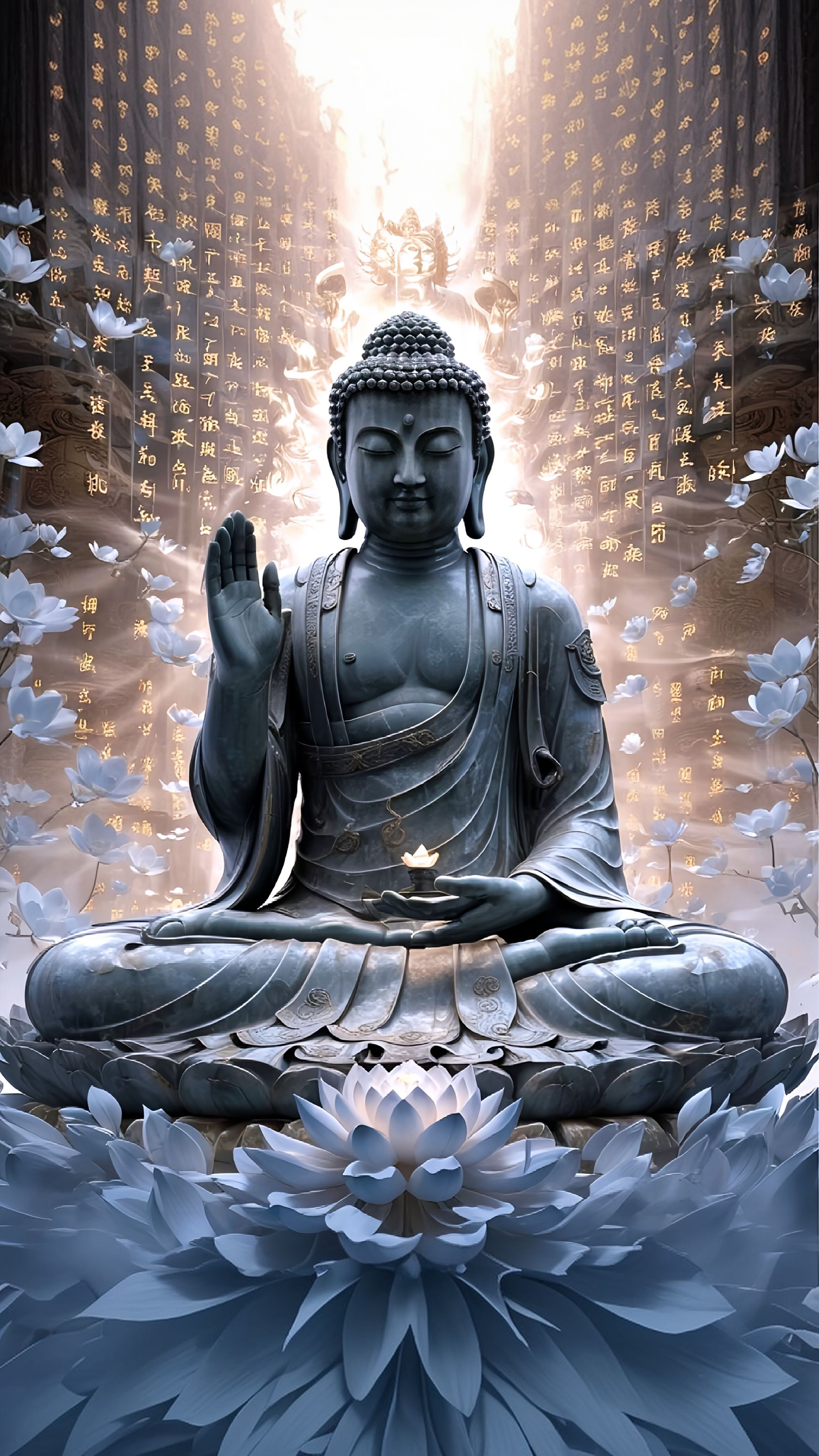 Buddha meditating amidst lotus flowers.