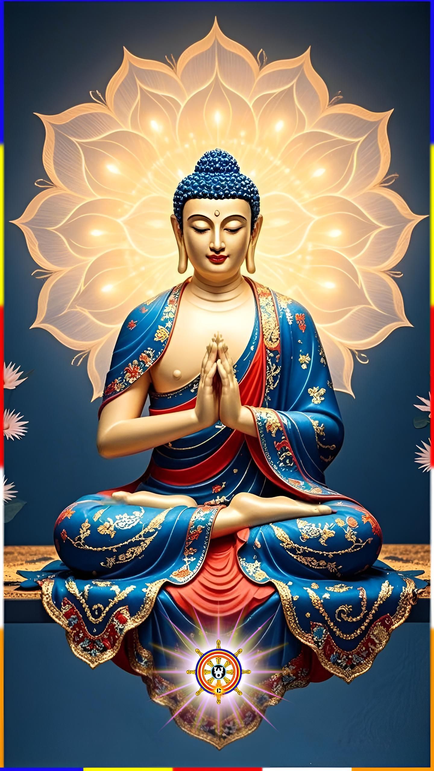 Buddha meditating amidst golden lotuses