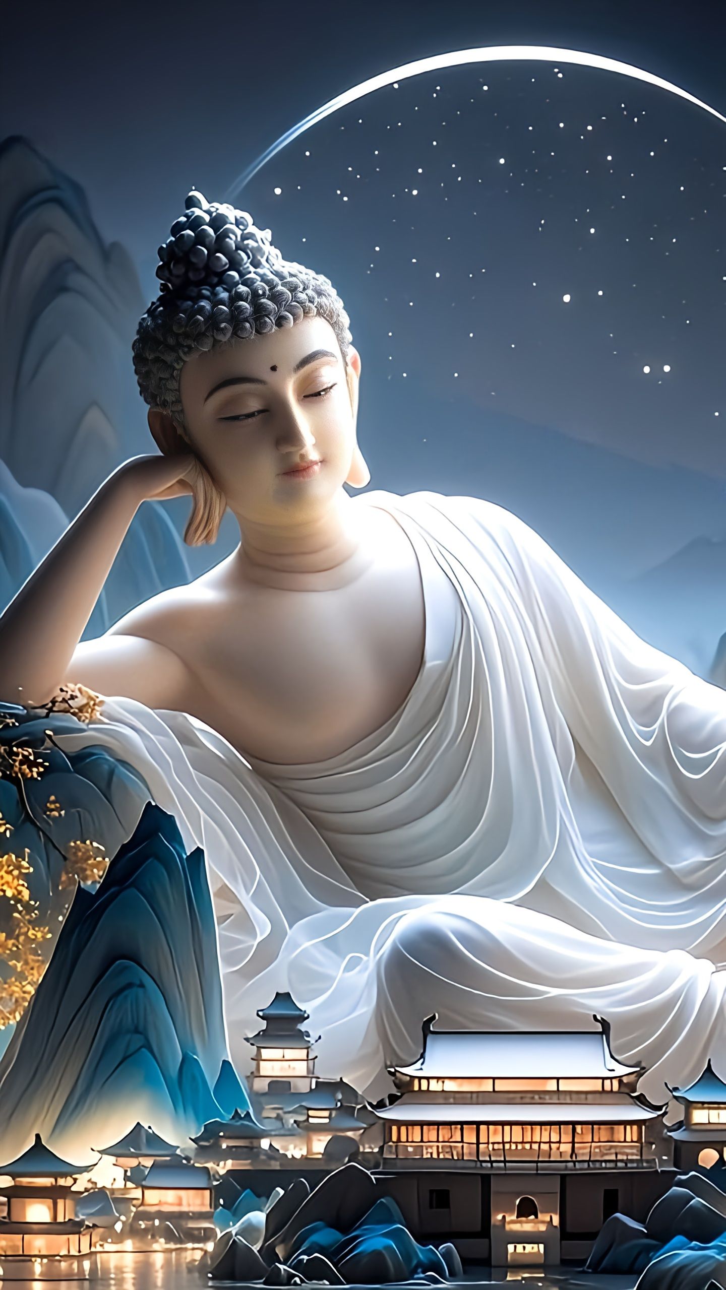Buddha meditating under starry sky