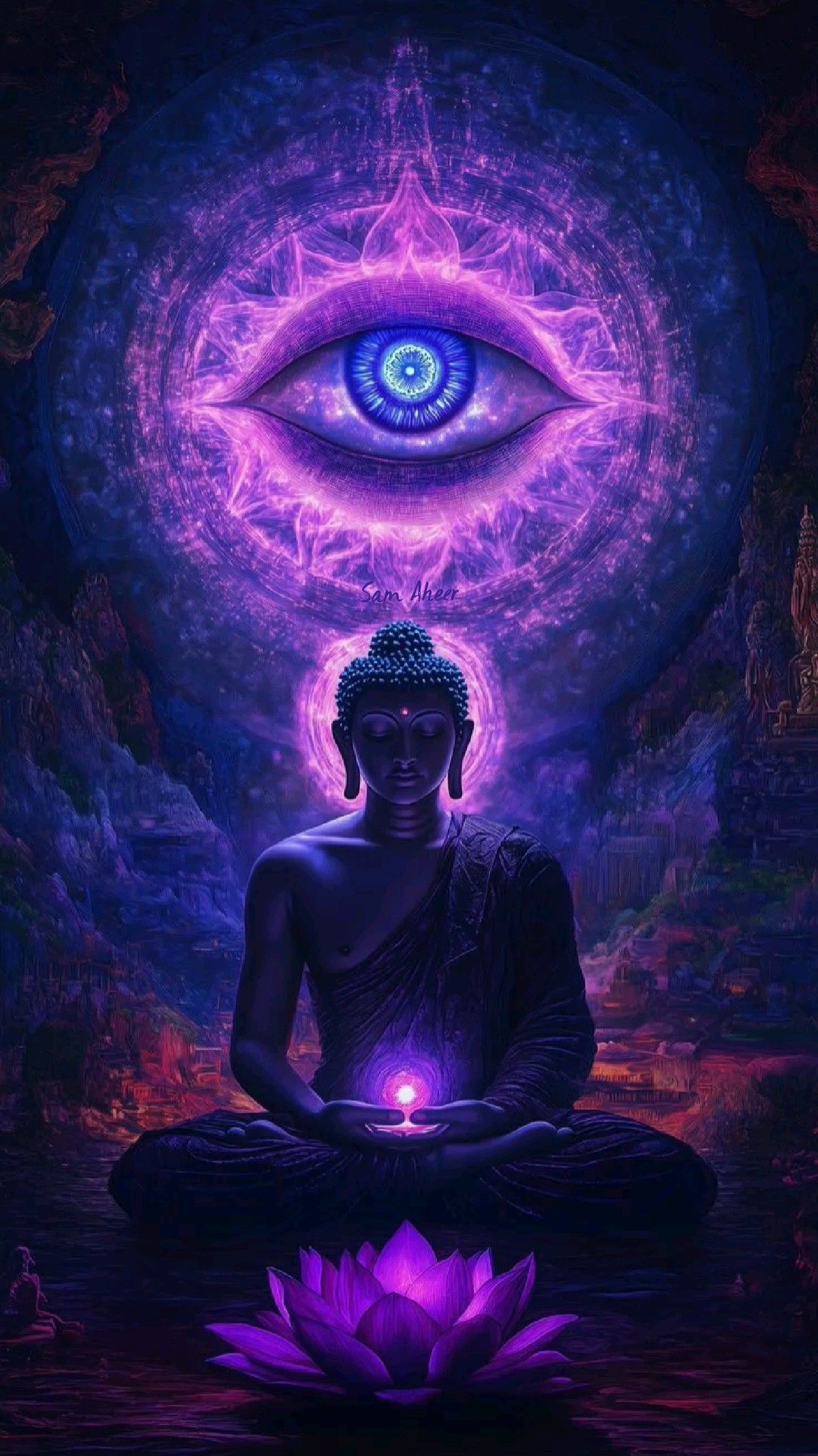 Buddha meditating under cosmic eye