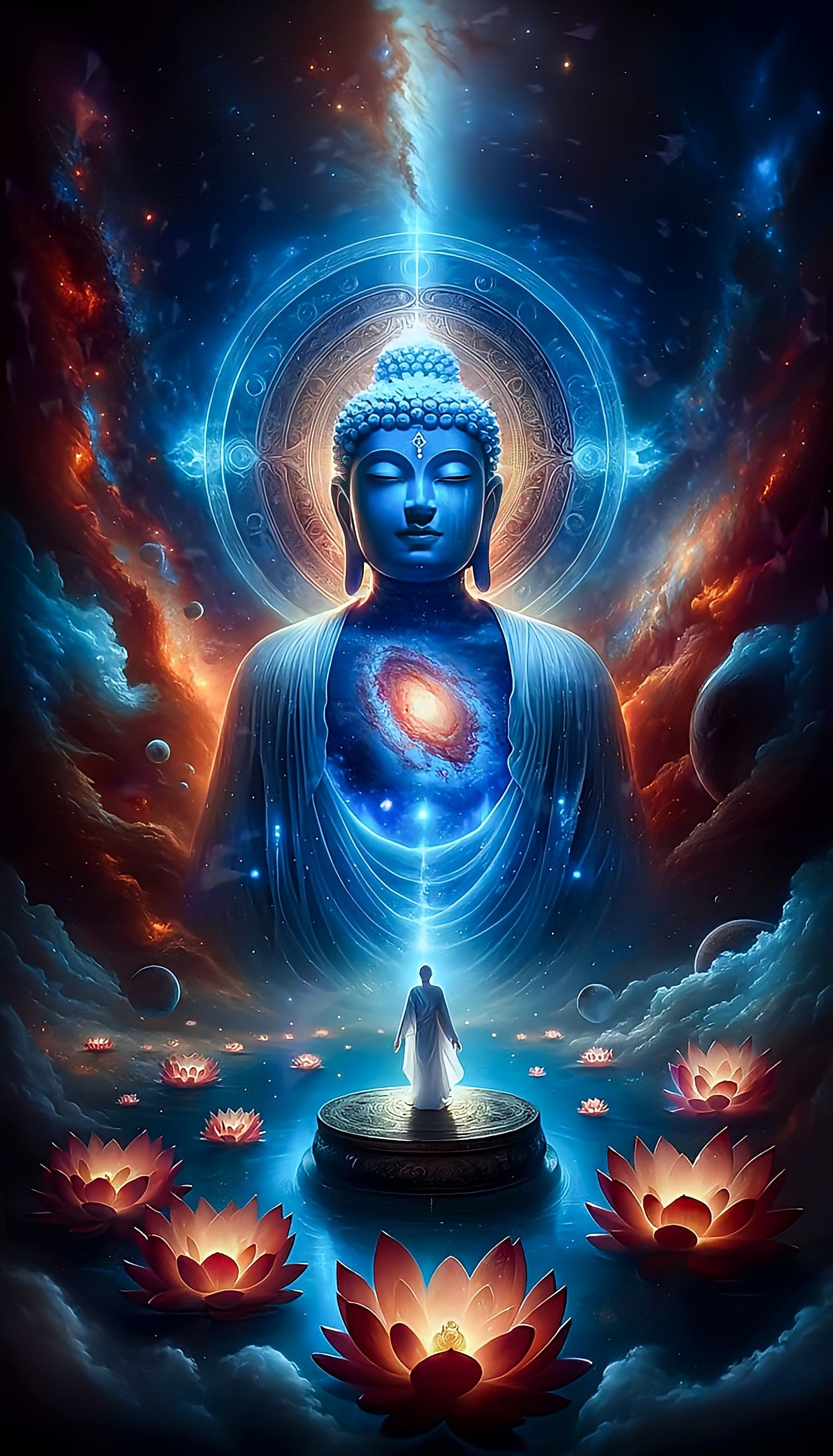 Buddha amidst cosmic galaxy and lotus flowers