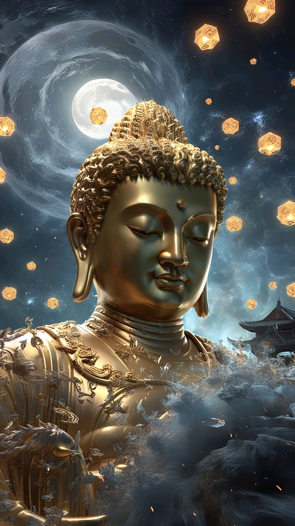 Golden Buddha face amidst swirling cosmos