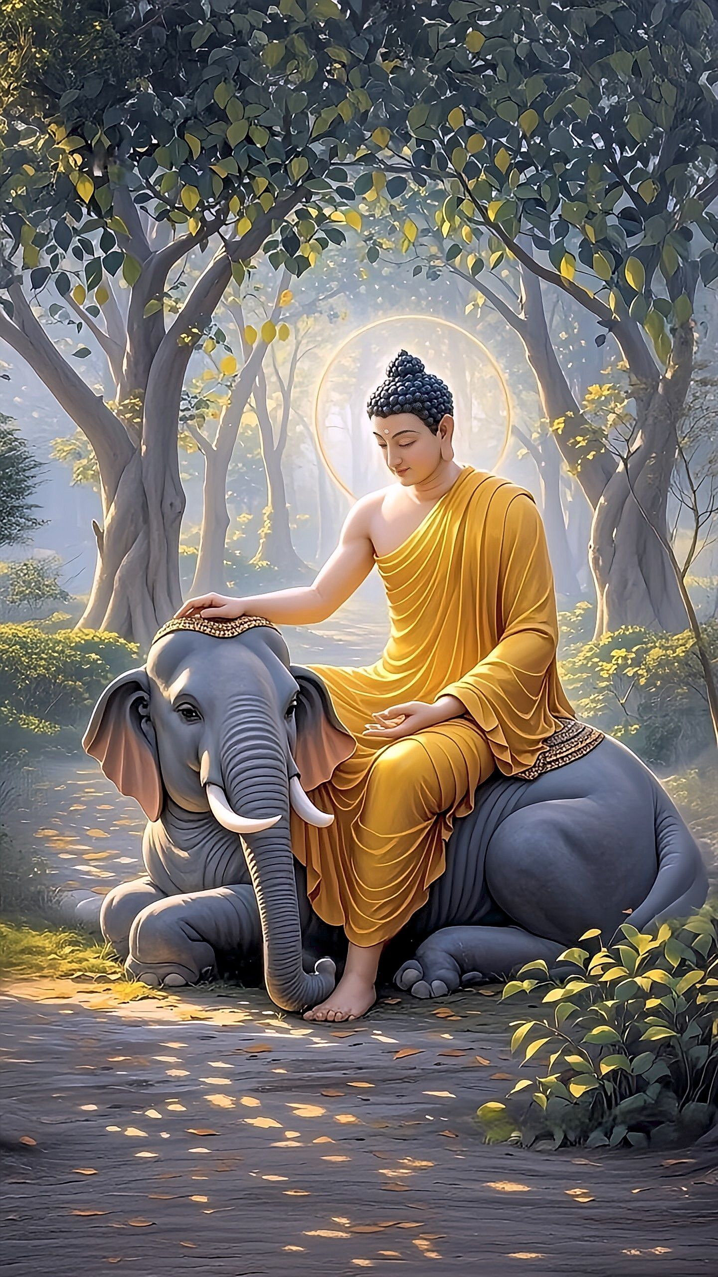 Buddha meditating with an elephant.