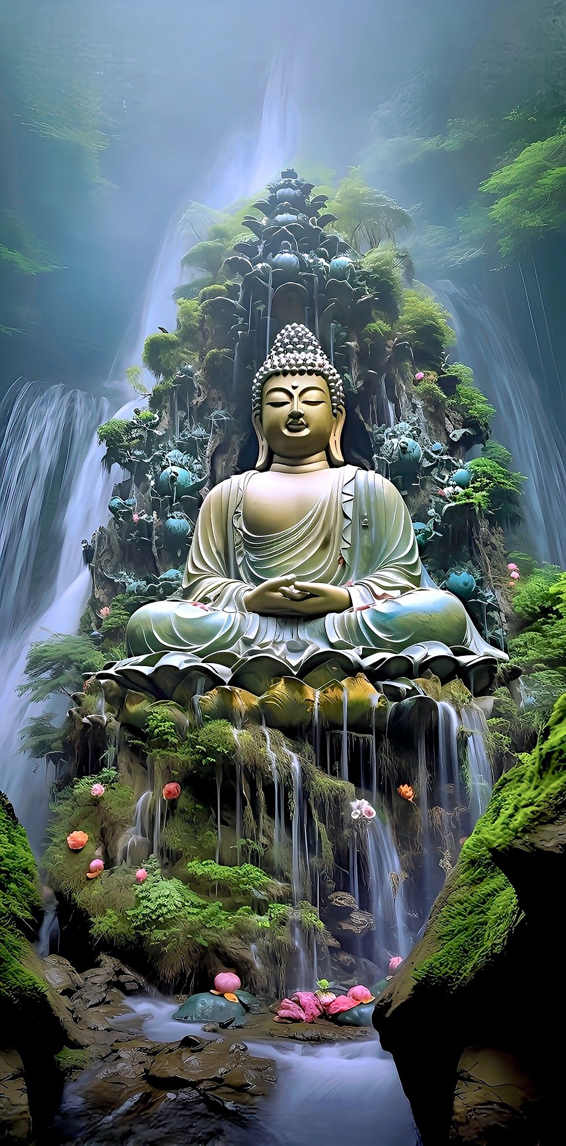 Buddha meditating by a waterfall.