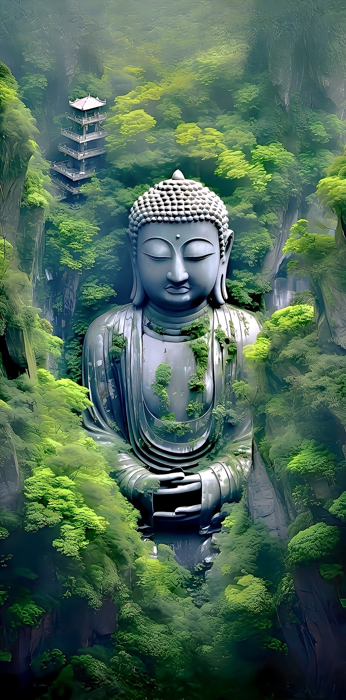 Buddha statue amidst lush green forest