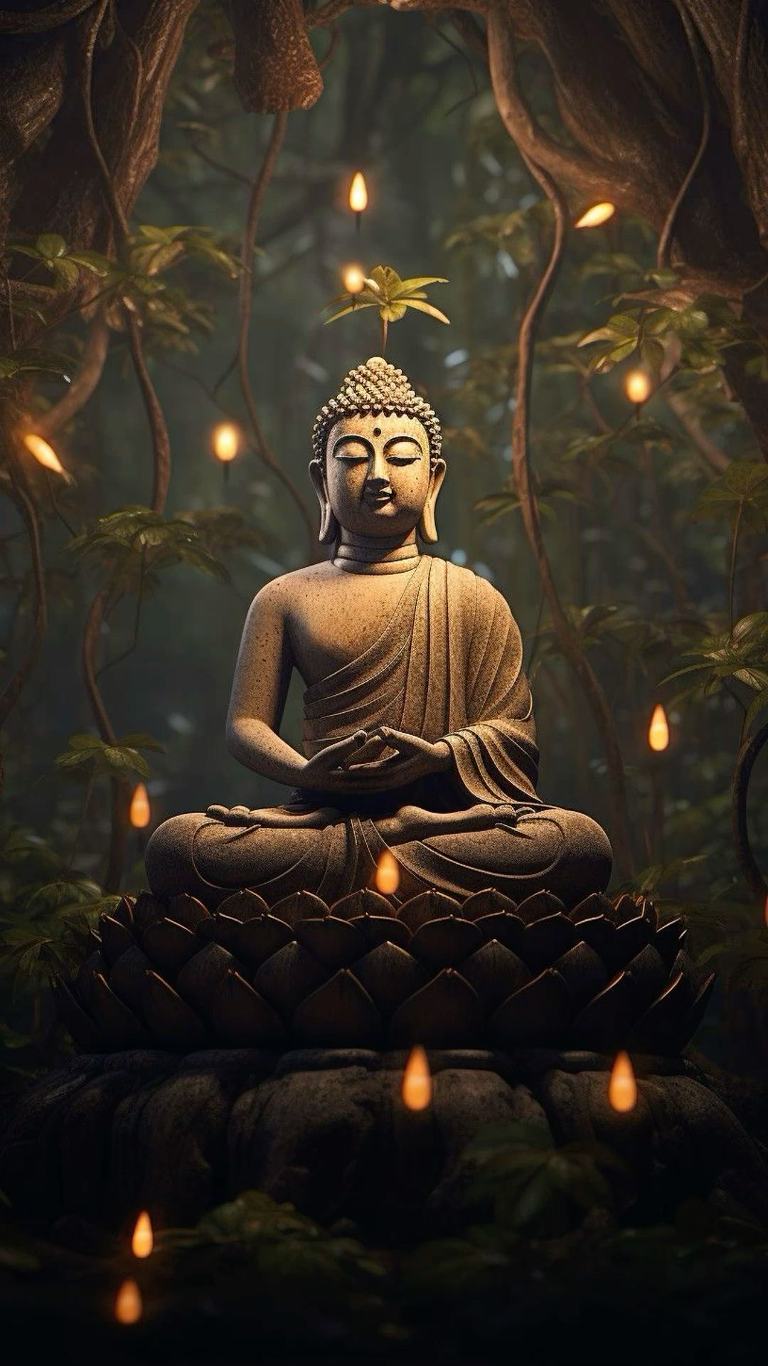 Buddha meditating in a peaceful forest