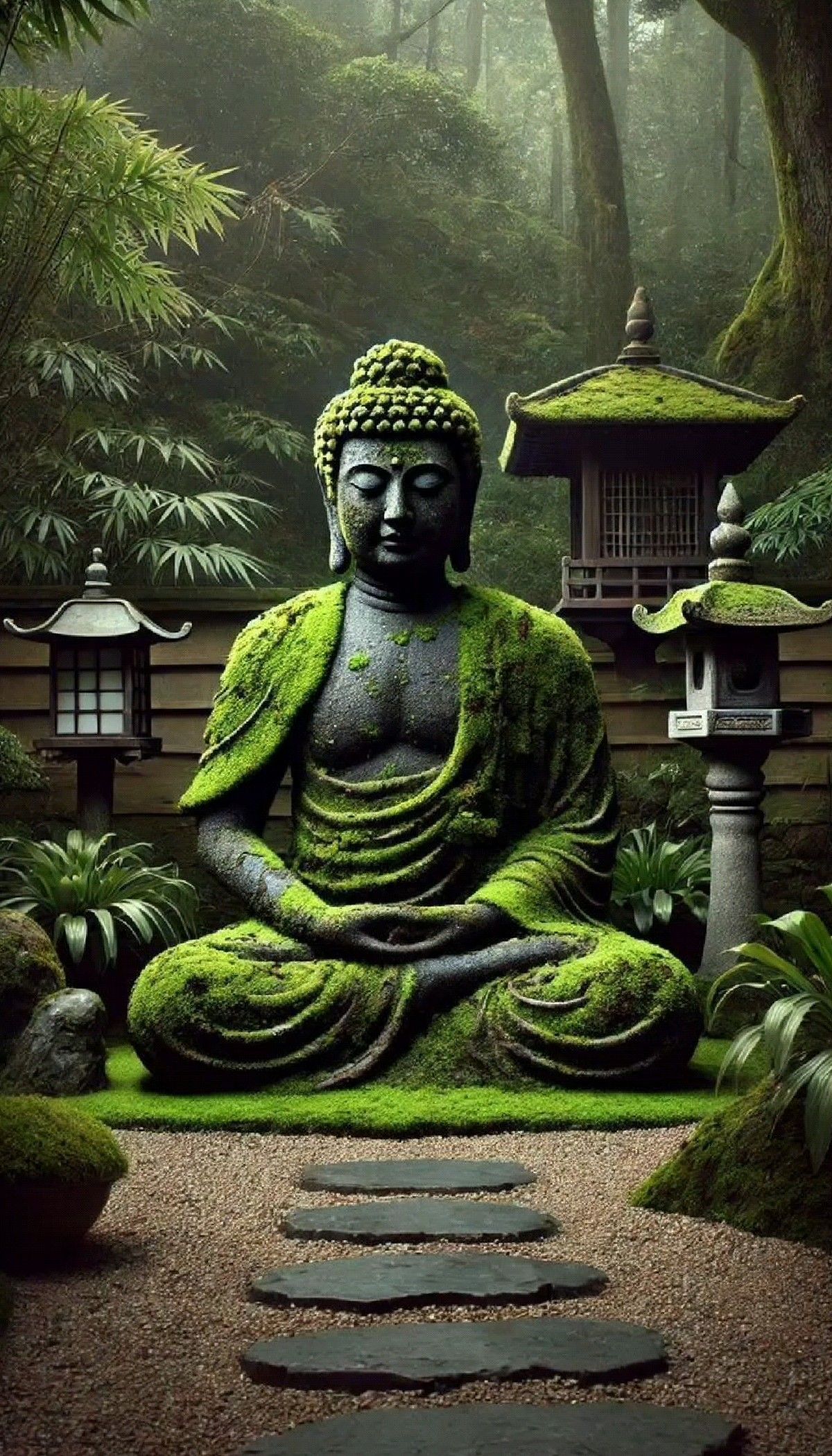 Buddha meditating in peaceful garden scene