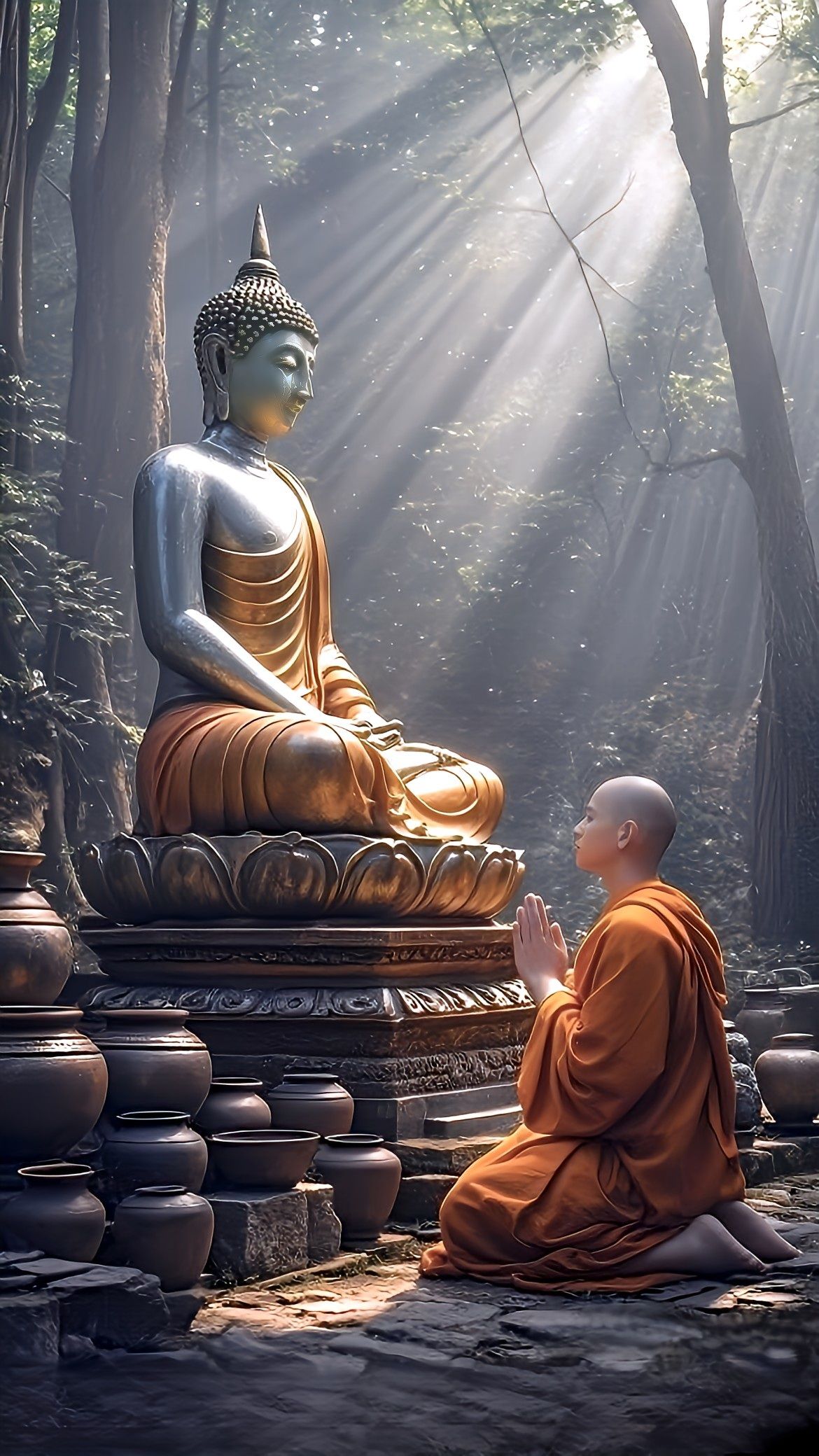 Buddha meditating in peaceful forest