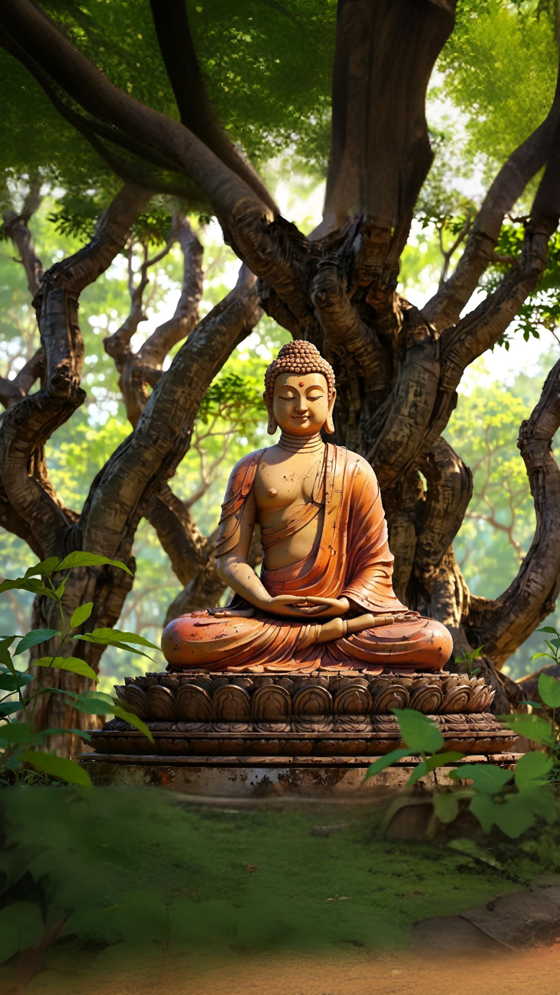 Buddha meditating under a Bodhi tree.