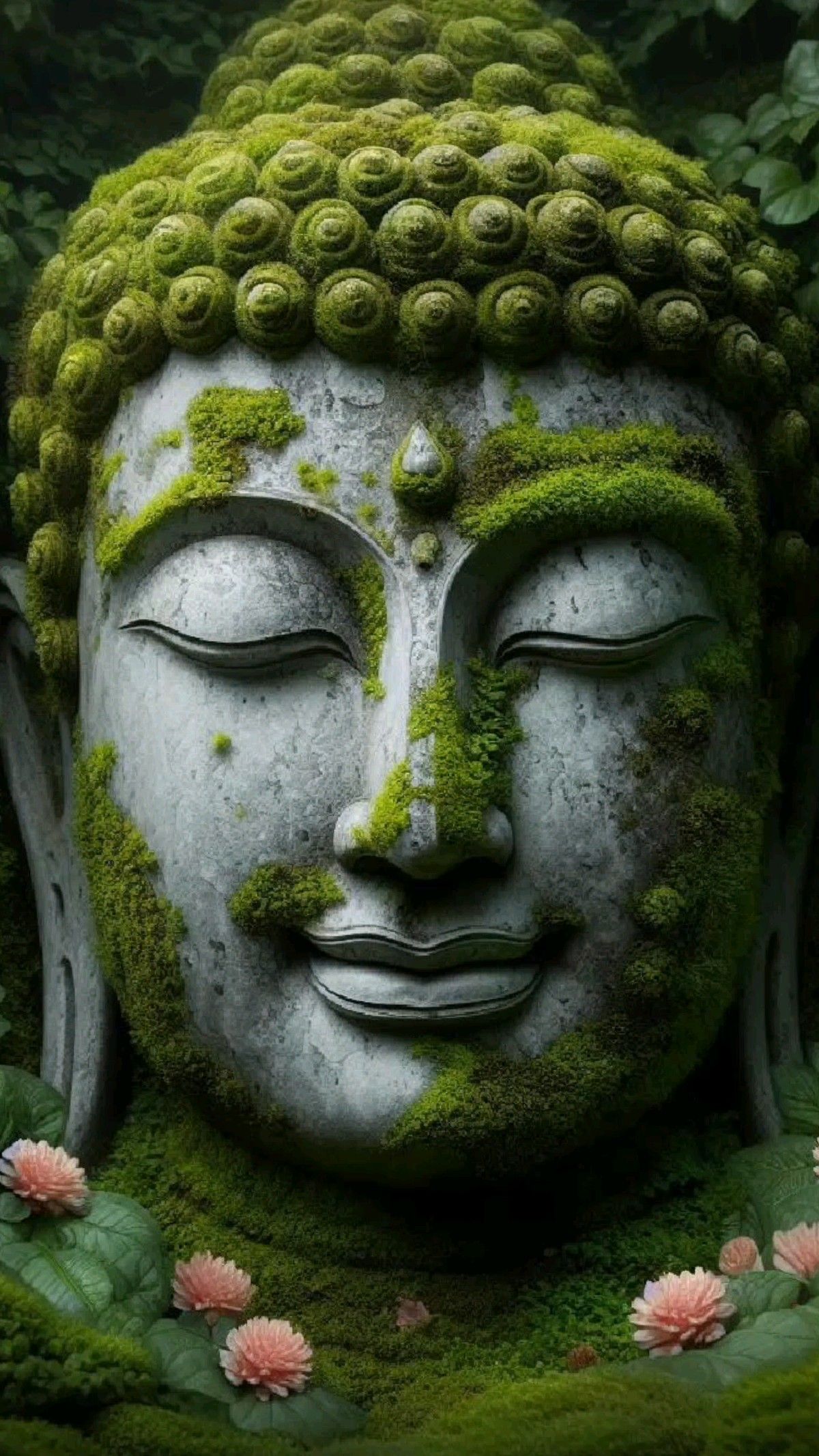 Moss-covered Buddha serene face close-up