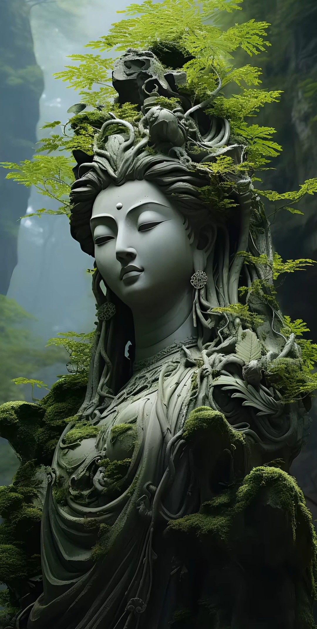 Buddha enveloped in lush greenery