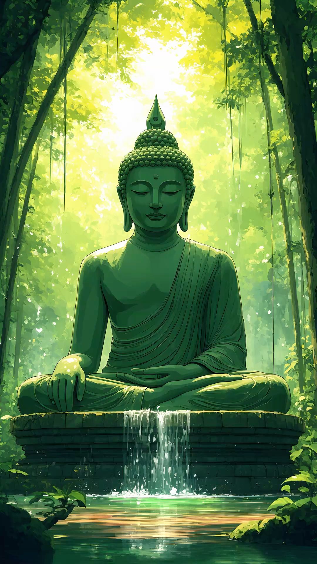 Buddha meditating in a green forest