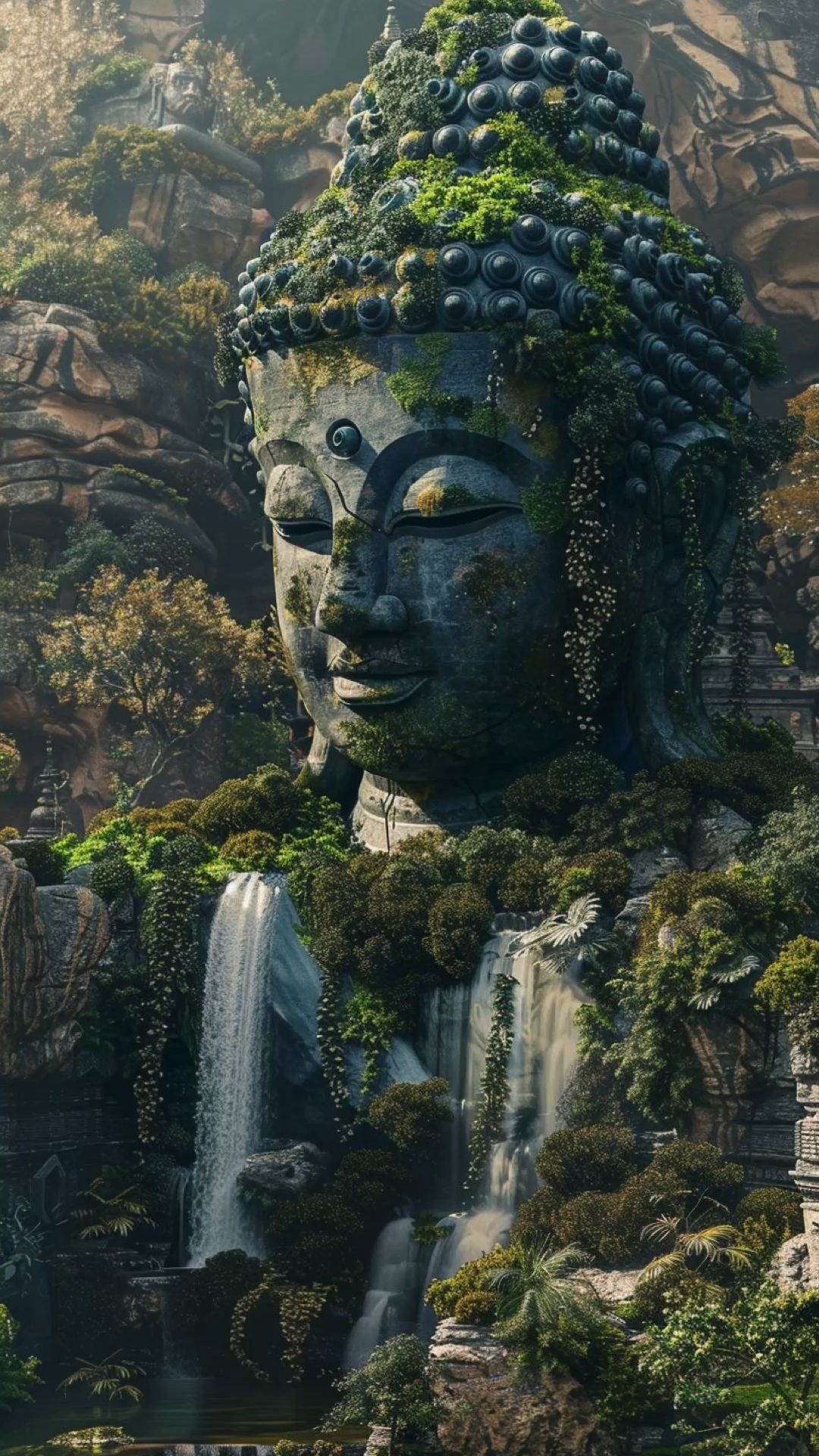 Buddha statue amidst lush waterfalls