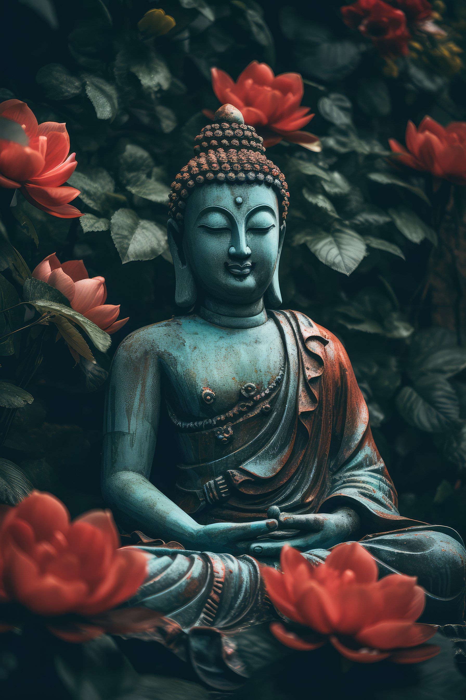 Buddha meditating amidst lotus blossoms