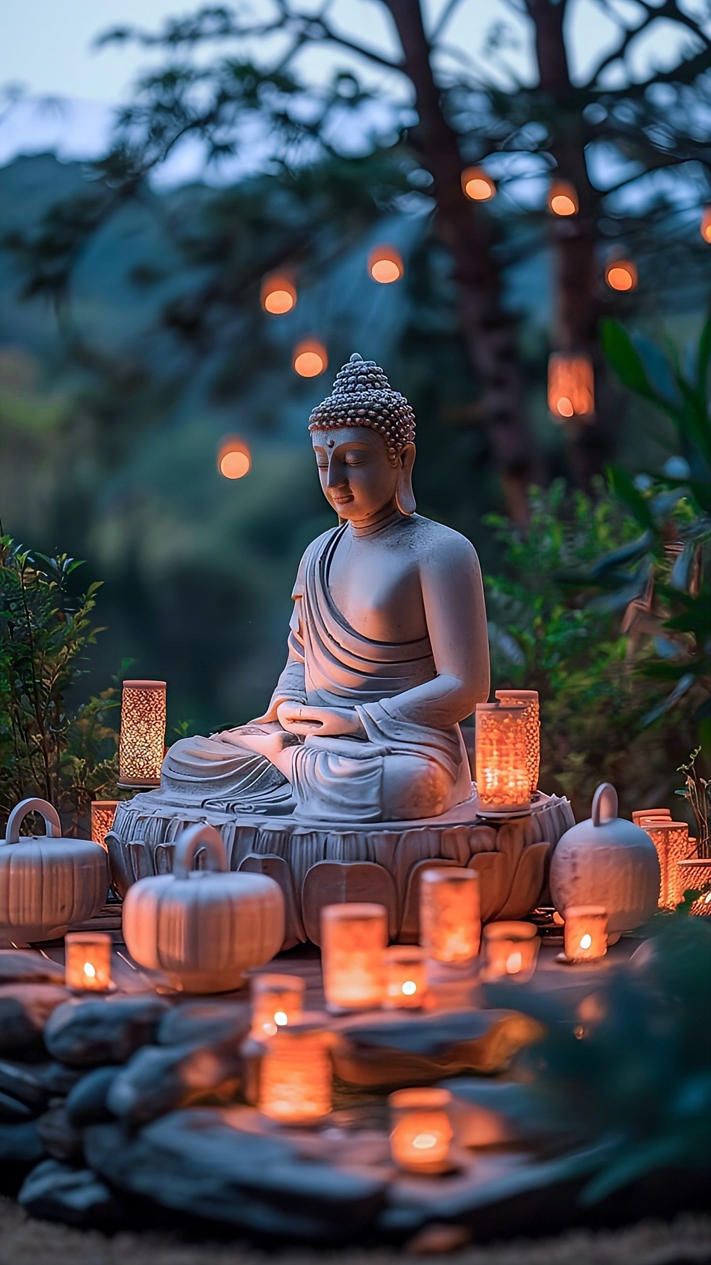 Buddha statue meditating in a lantern garden