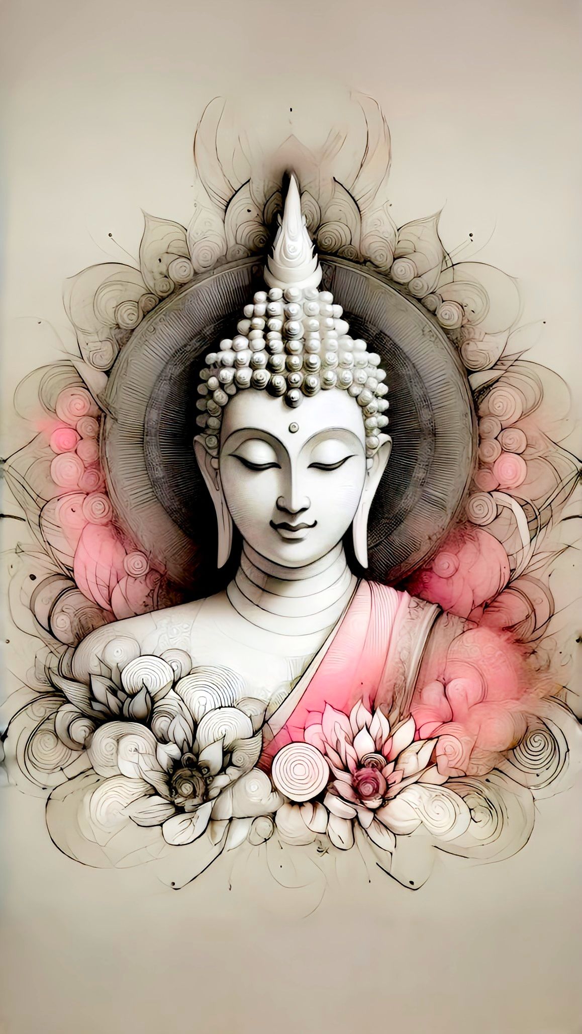 Buddha serene portrait with lotus flowers