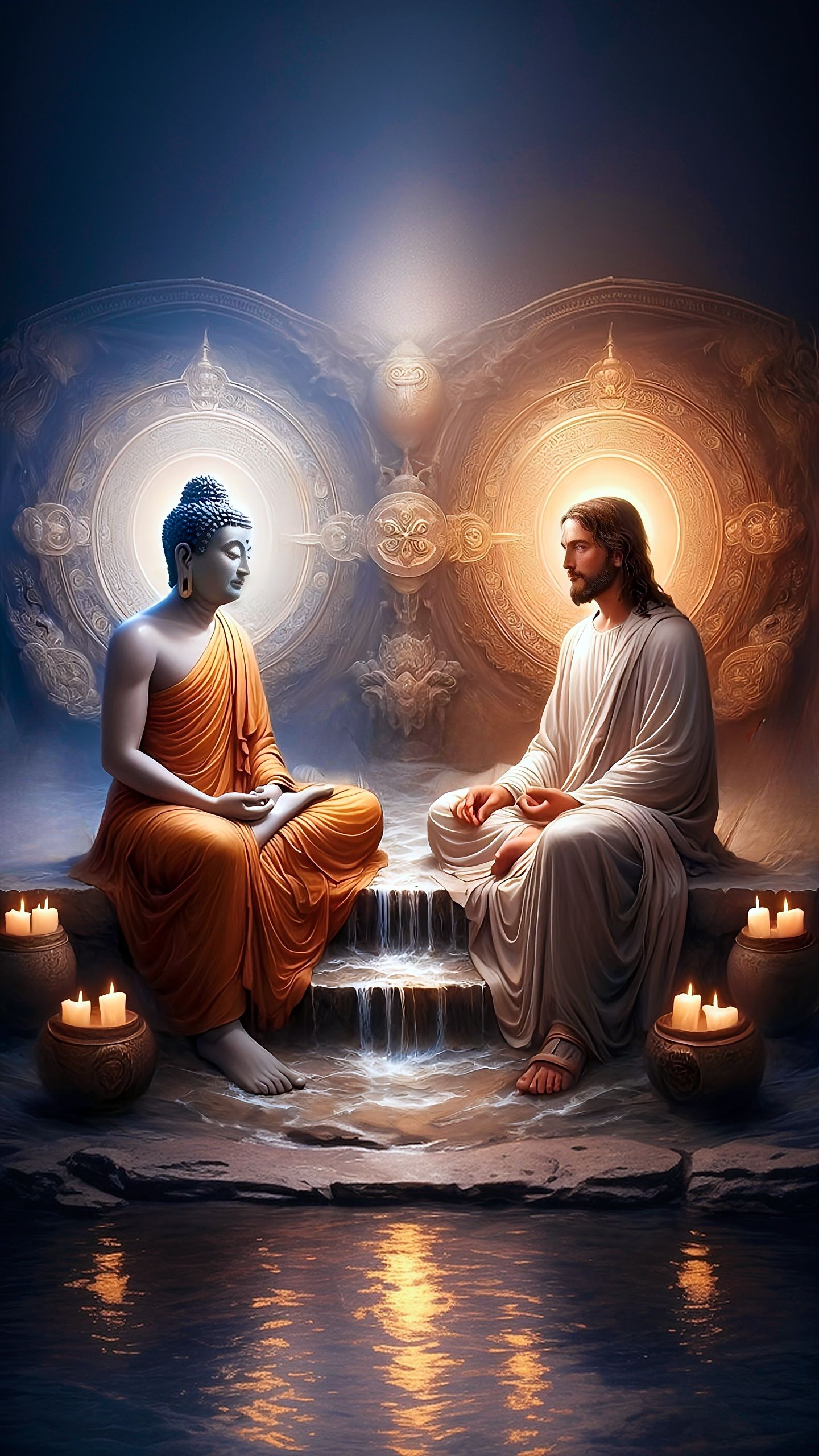 Buddha and Jesus meditating in peaceful scene