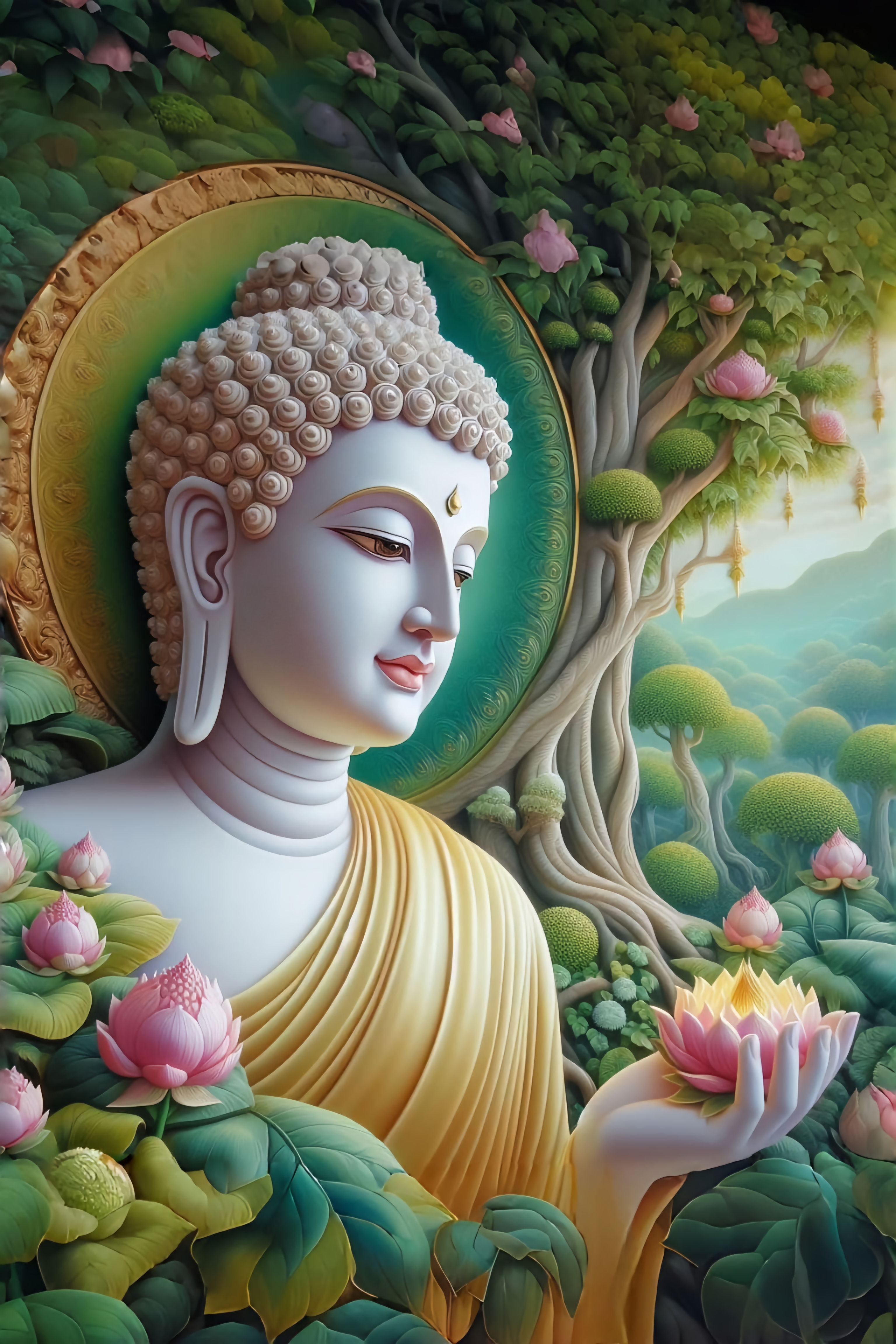 Buddha in peaceful meditation under Bodhi tree.