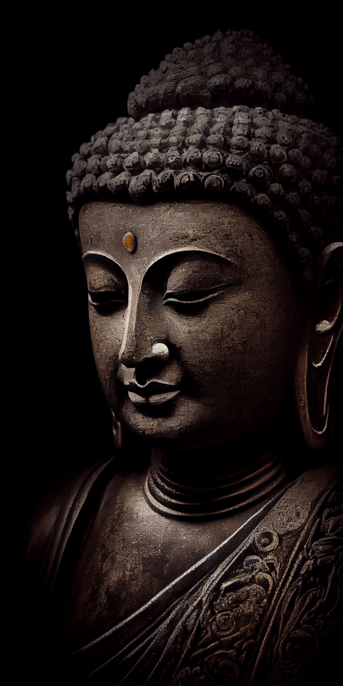 Peaceful Buddha face in golden tones