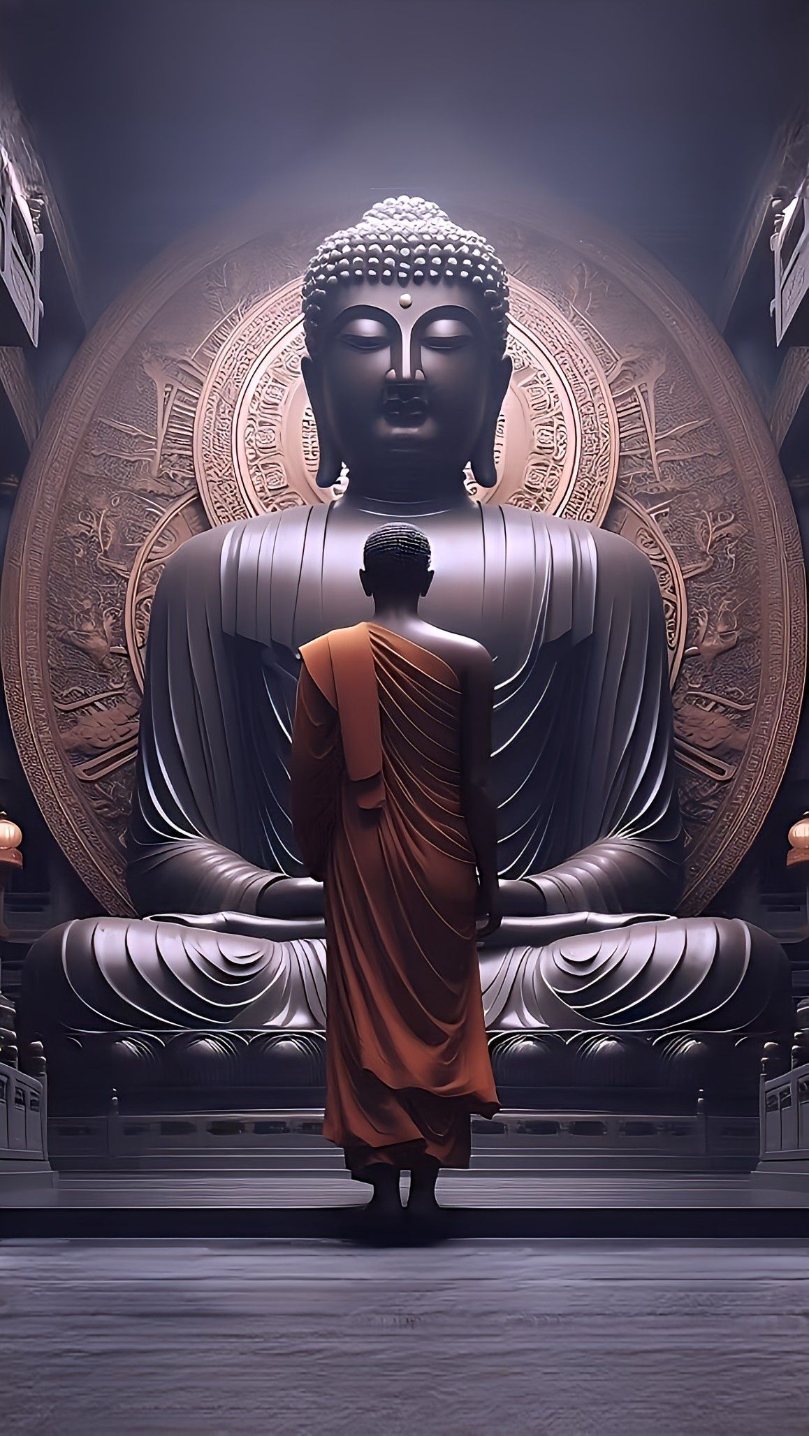 Monk prays before giant Buddha statue.