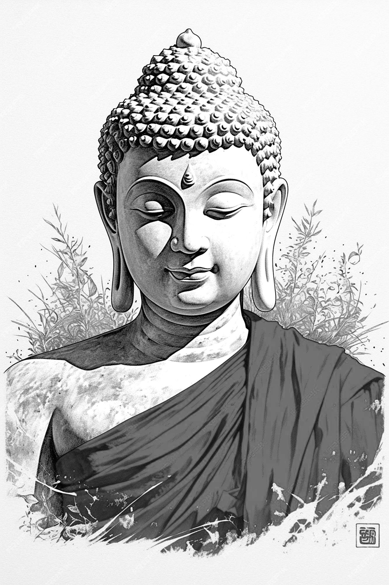Peaceful portrait of the Buddha in grayscale