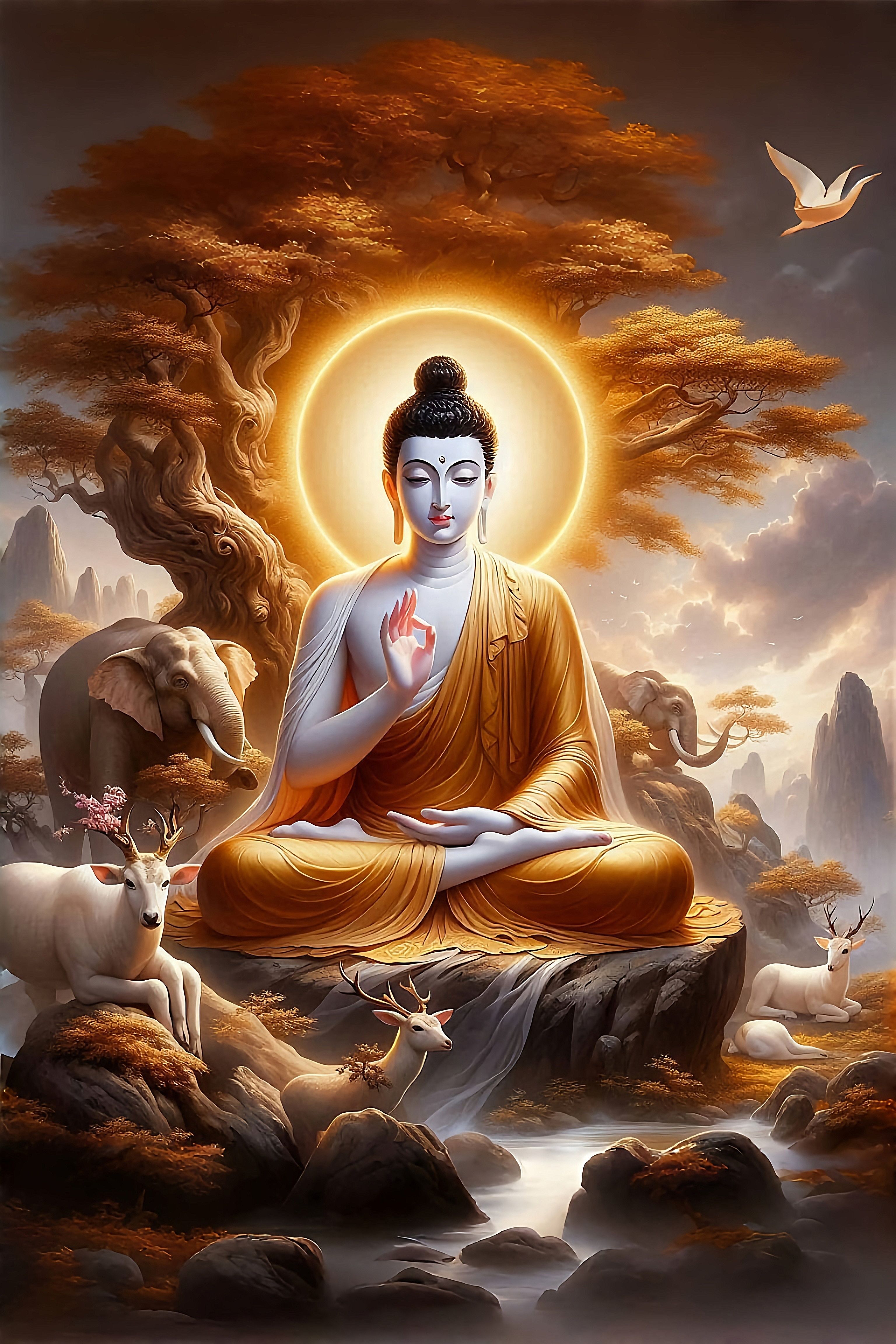 Buddha meditating among deer and elephant