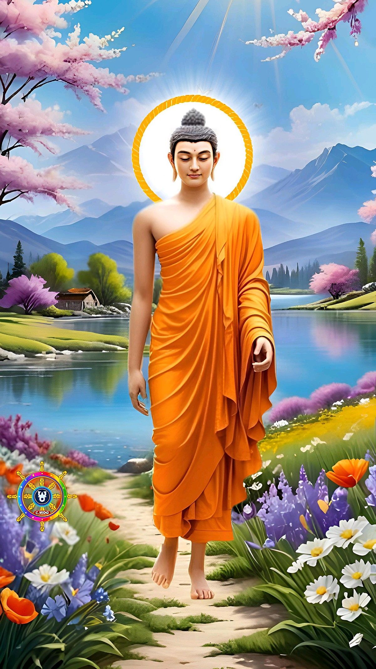 Buddha walking in a peaceful landscape