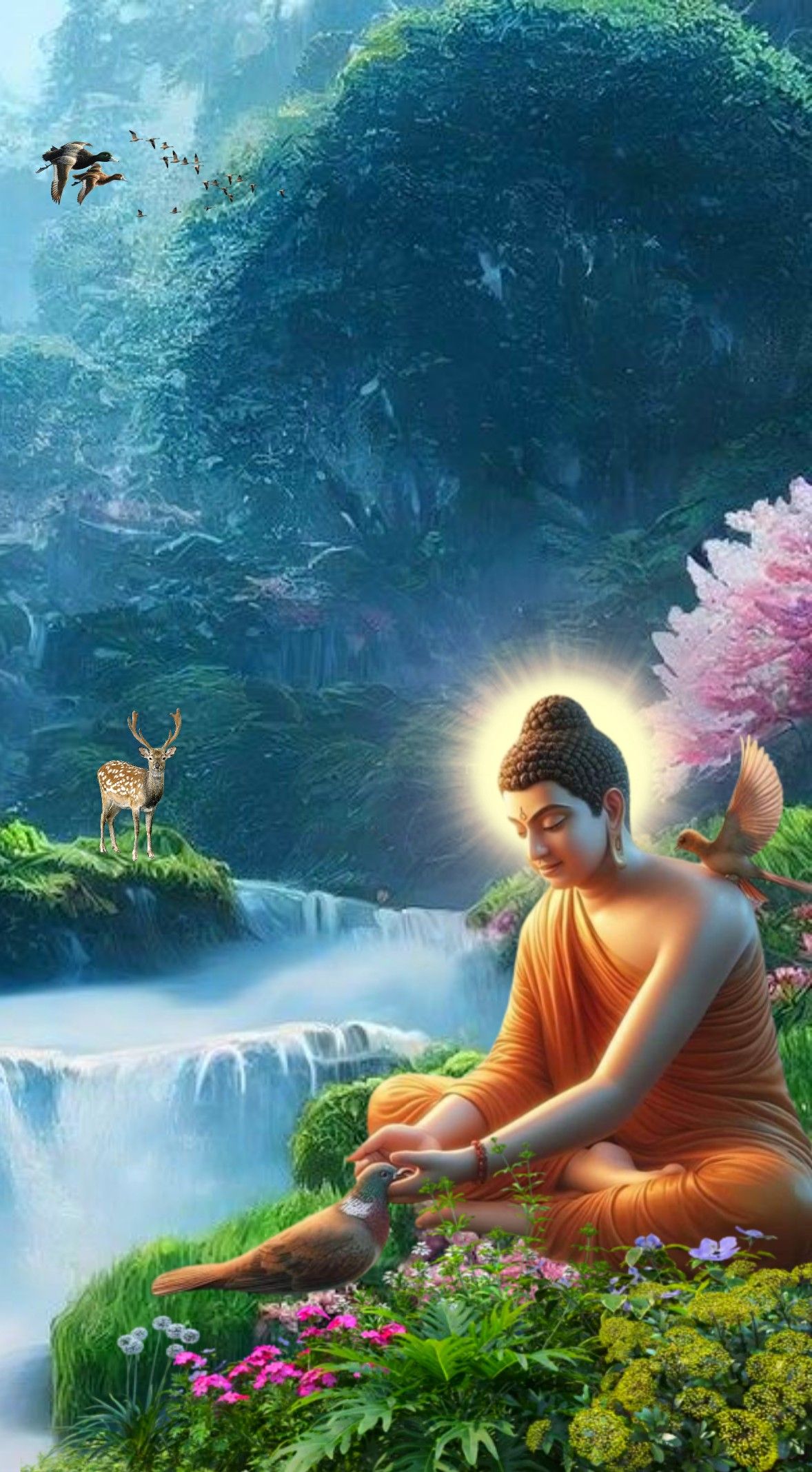 Buddha meditating in a peaceful forest.