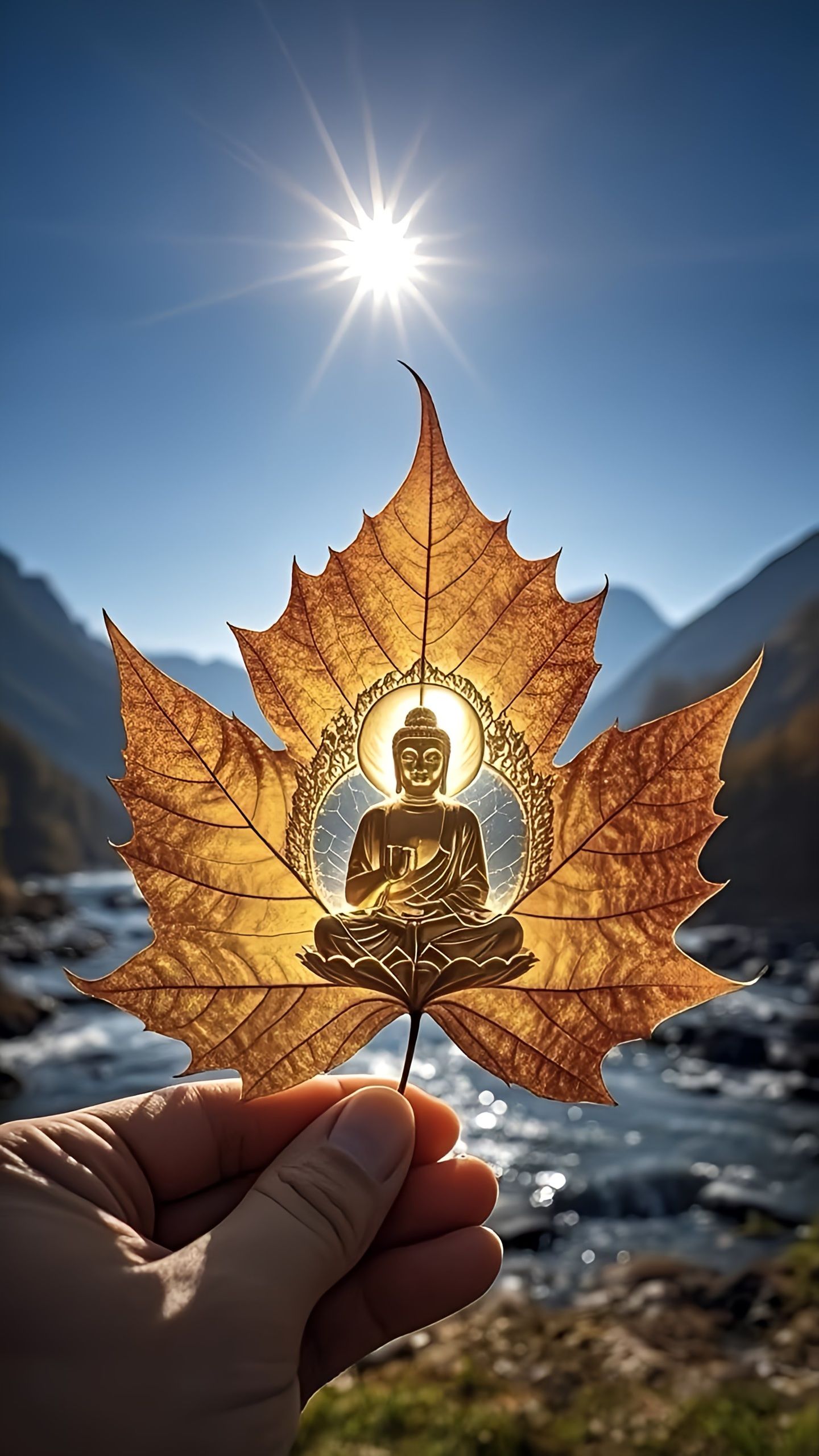 Buddha meditating within a leaf.