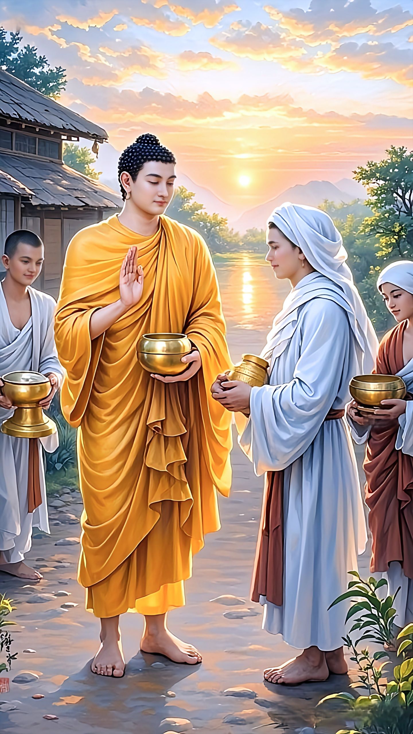 Buddha accepting alms at sunrise