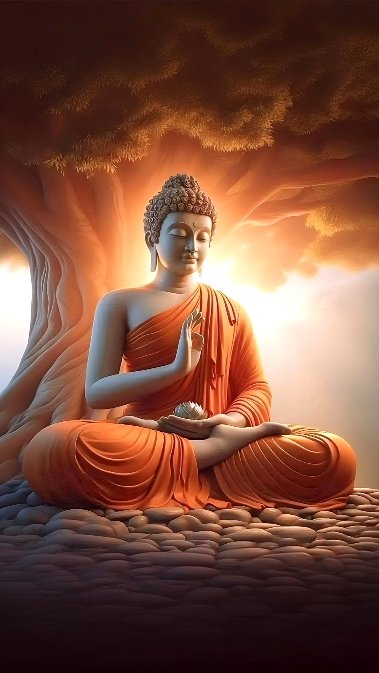 Buddha meditating beneath a Bodhi tree