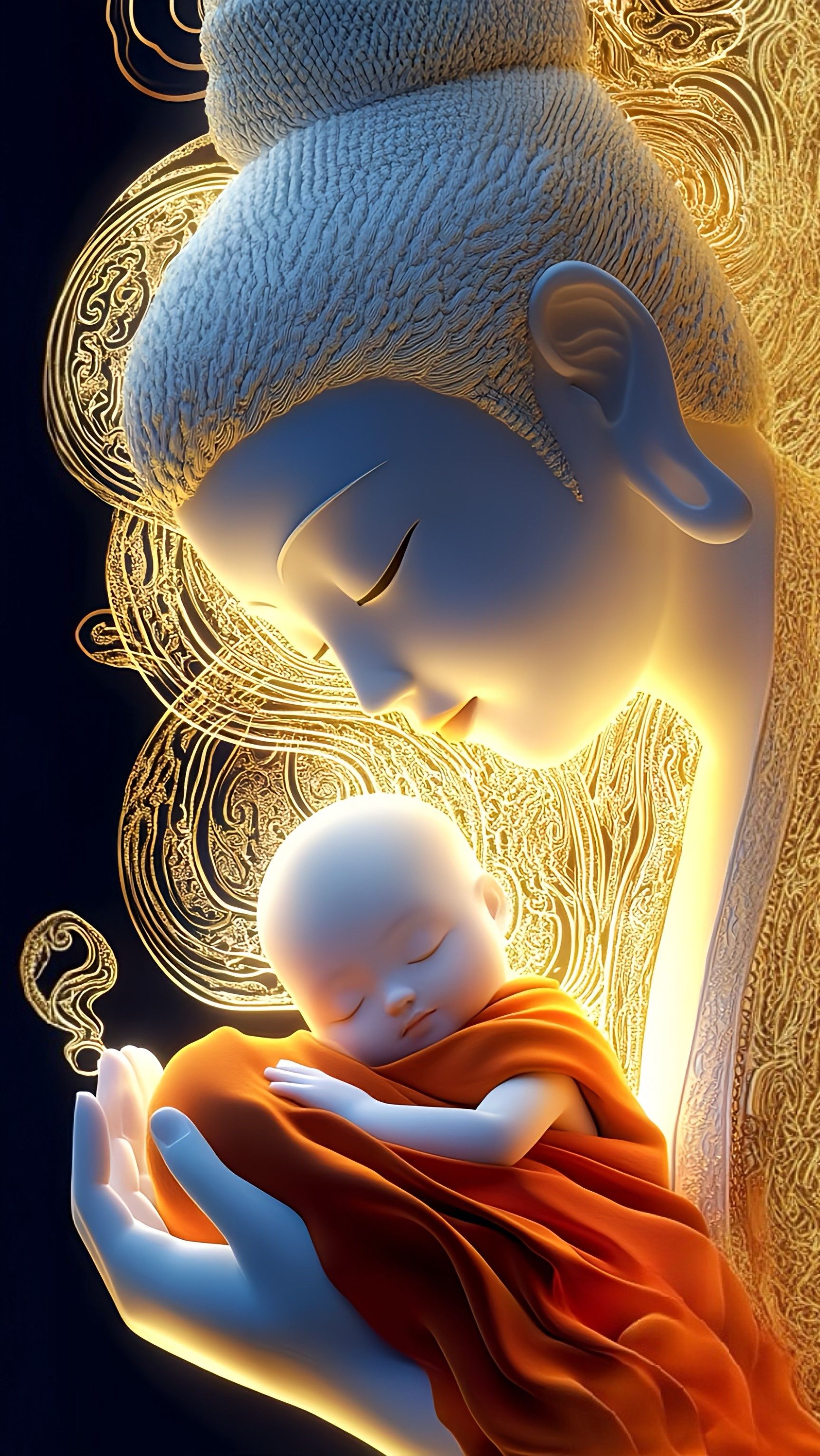 Buddha cradling a sleeping monk peacefully.