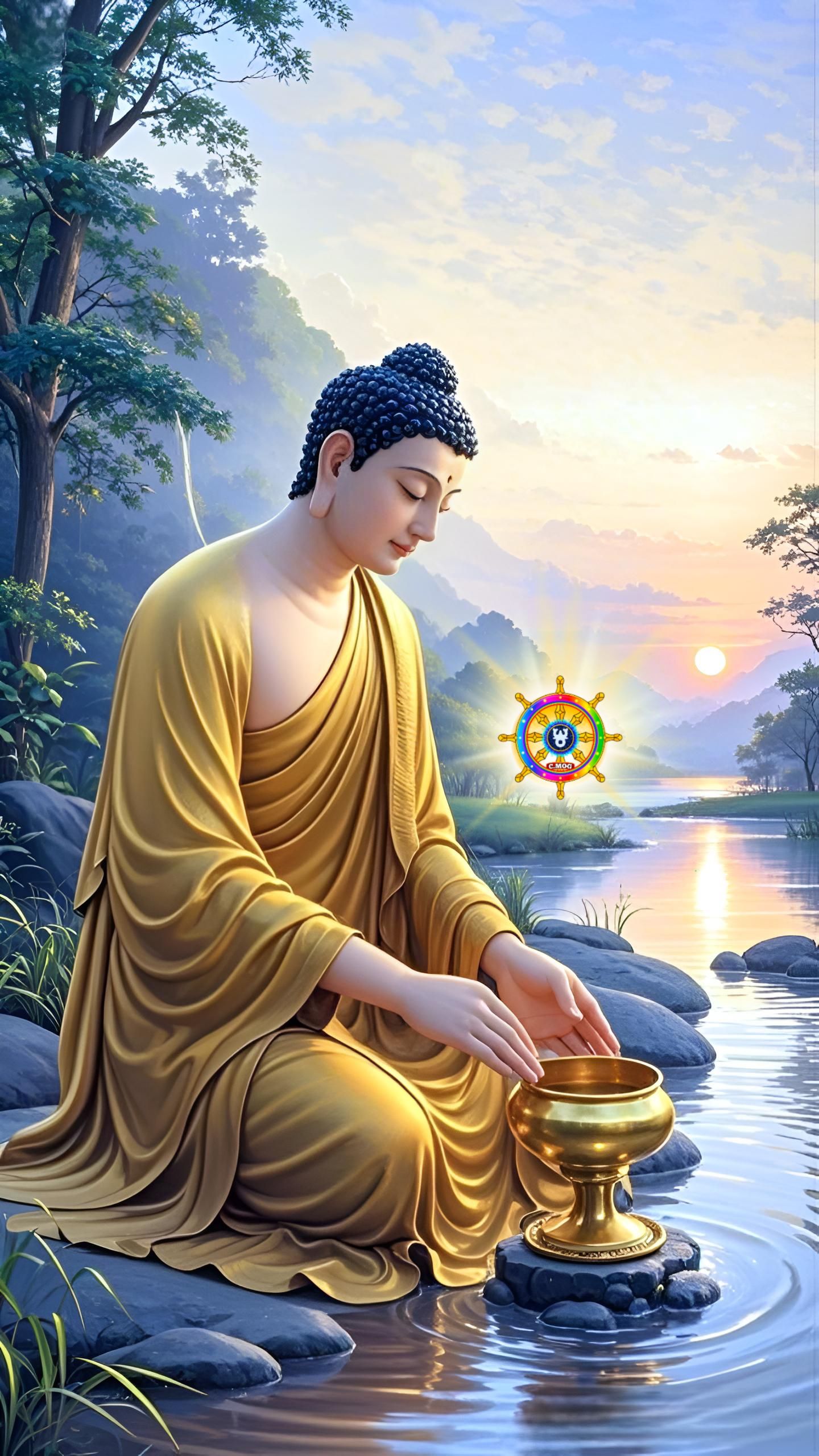 Buddha meditating by a tranquil lake.