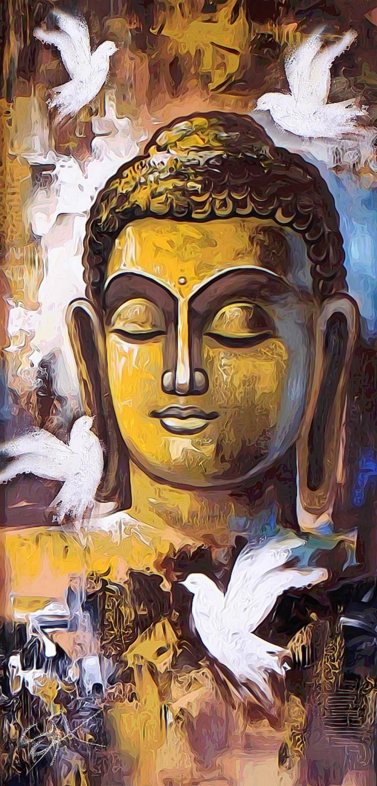 Buddha\'s peaceful face with white doves