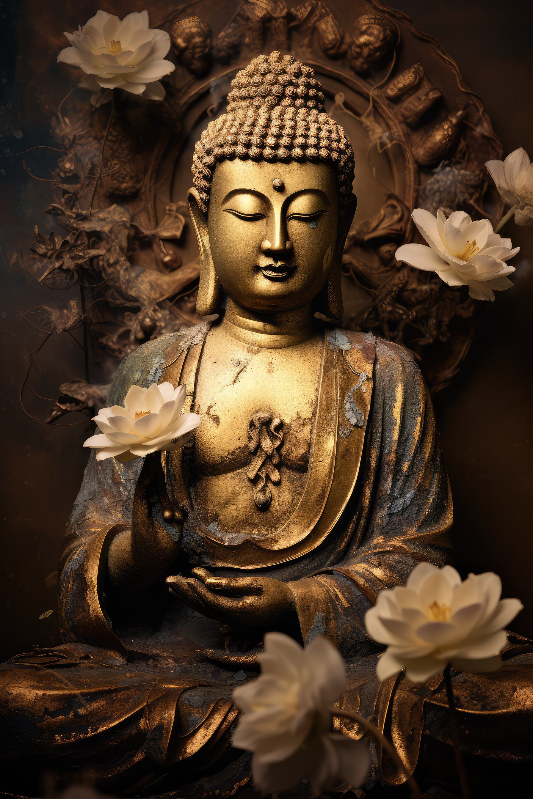 Golden Buddha statue with lotus blossoms