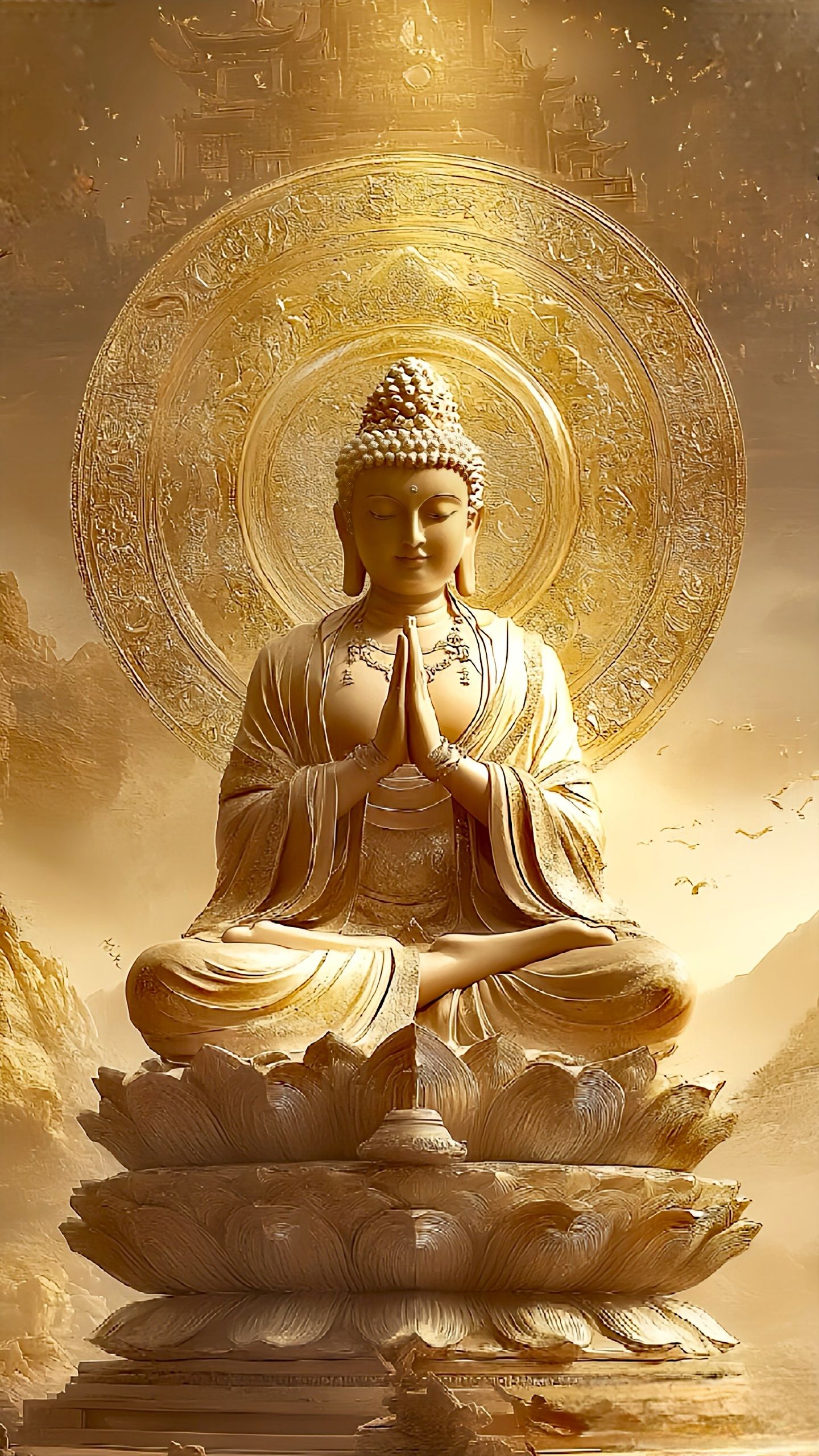 Buddha meditating in golden light.