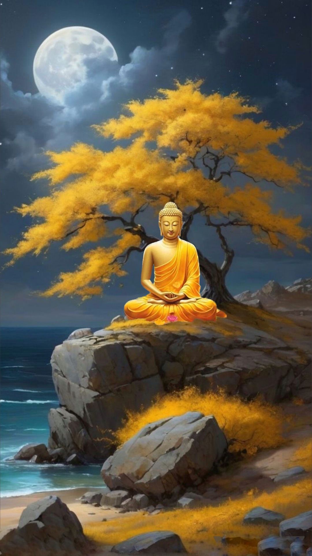 Buddha meditating under a golden tree